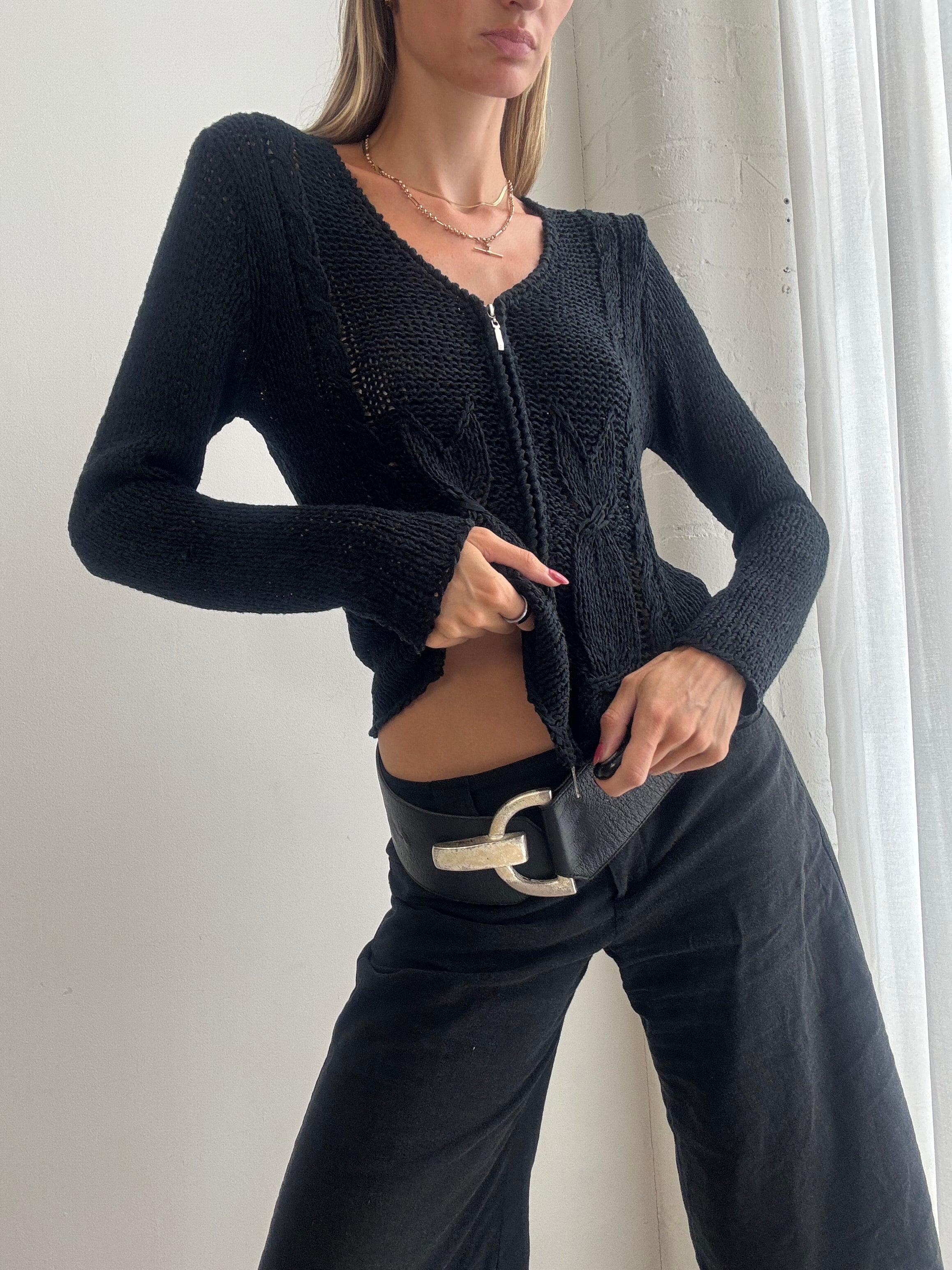 Vintage Y2K Black Knit Fitted Dual Zip Cardigan Jumper - Size M