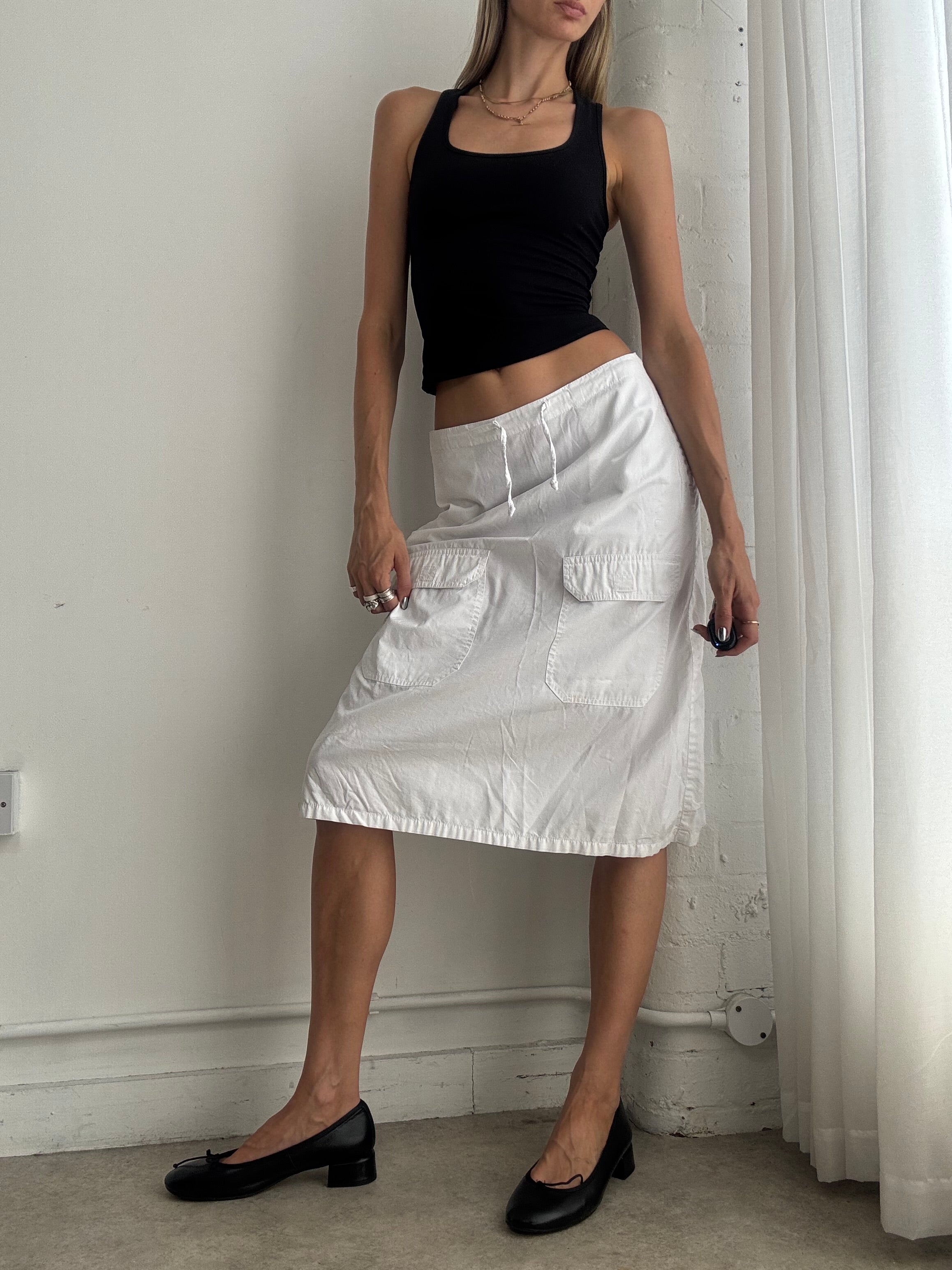 Vintage Y2K White Cargo Midi Skirt – Low Rise Utility Cotton Skirt - Size XS/S