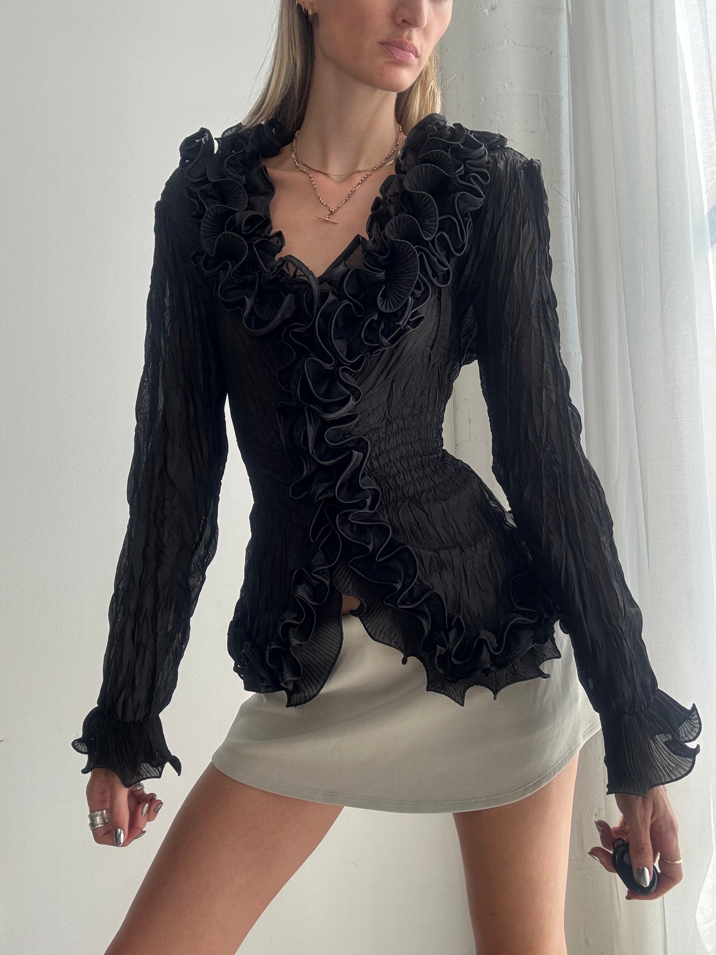Vintage Y2K Black Ruffle Blouse – Sheer Crinkle Mesh Frill Long Sleeve Top - Size M