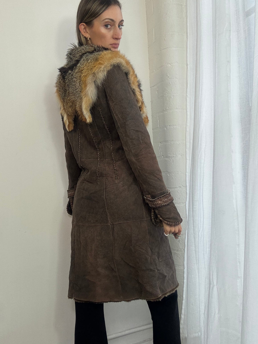 Vintage Y2K brown suede & fur trim coat