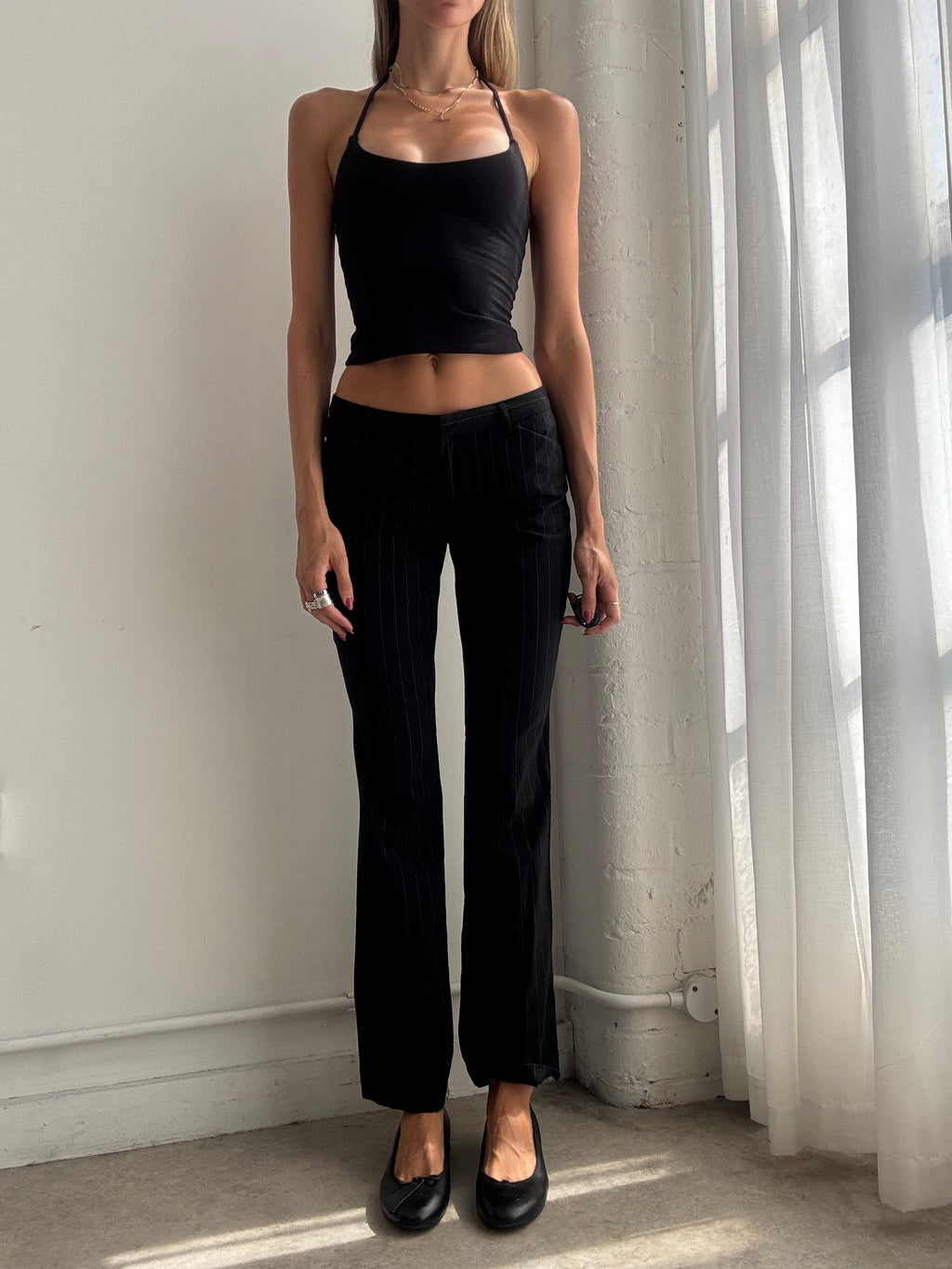 Vintage 90s Black Low Rise Pinstripe  Straight Leg Trousers - Size XS