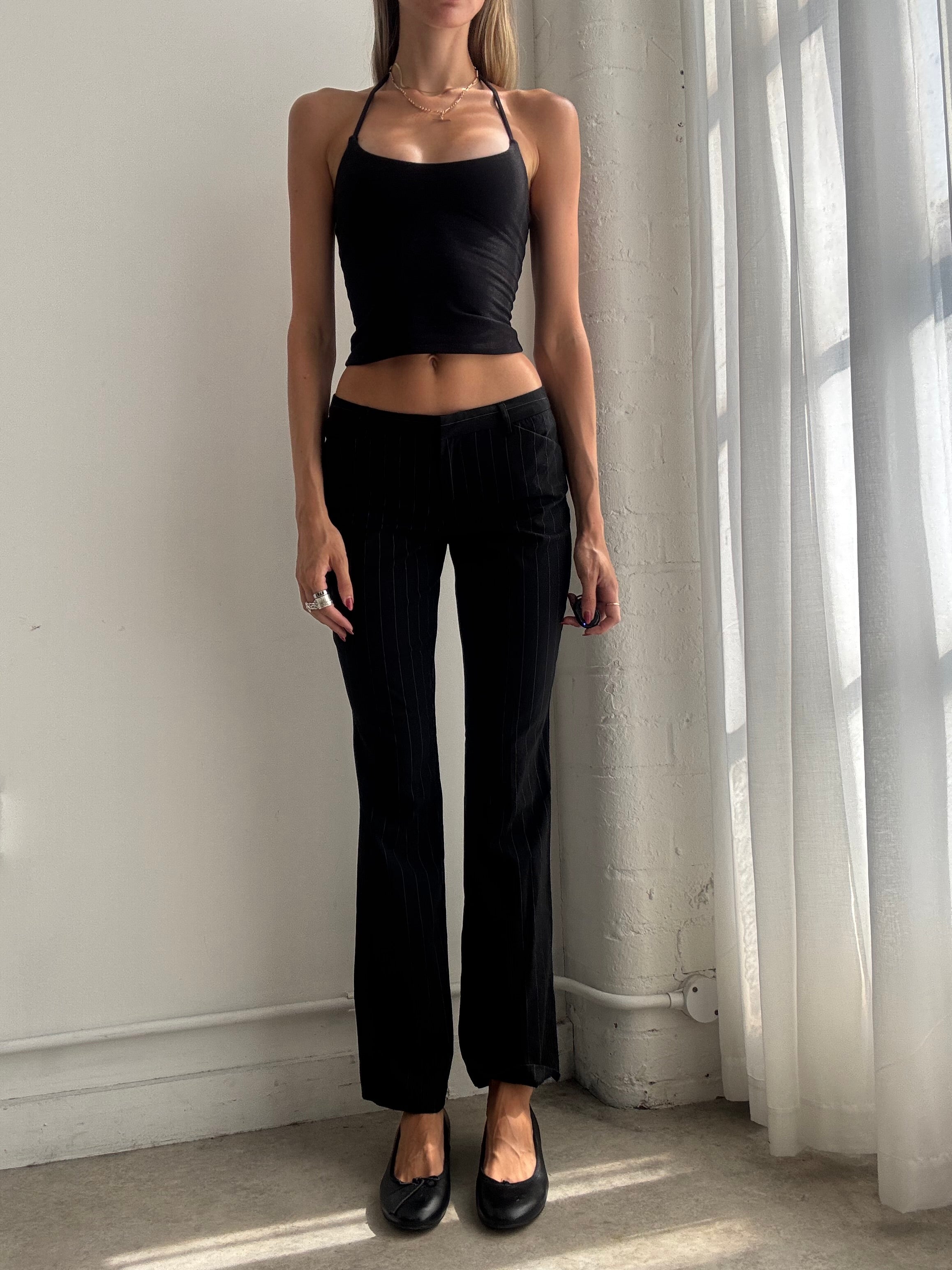 Vintage 90s Black Low Rise Pinstripe  Straight Leg Trousers - Size XS
