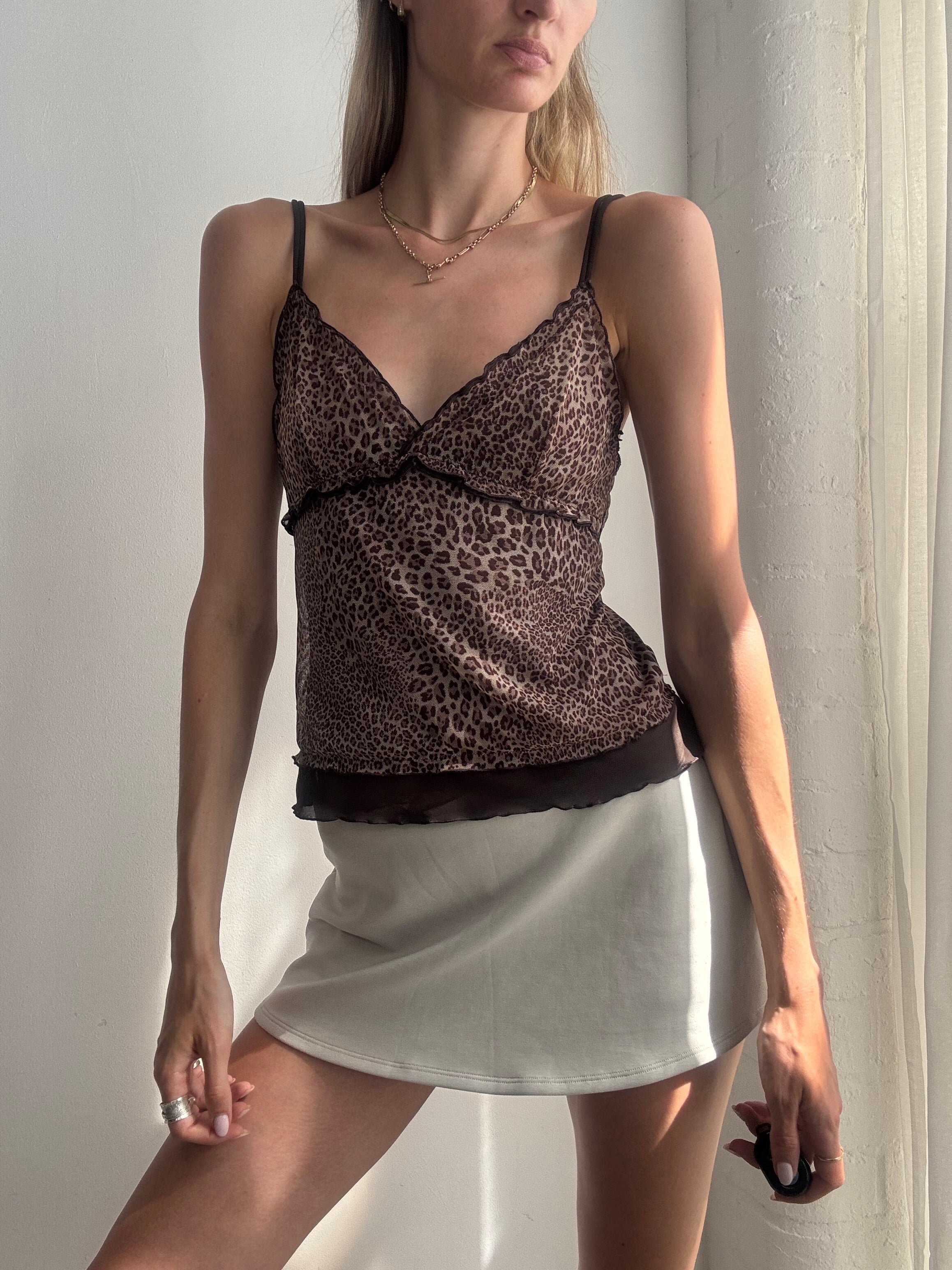 Vintage Y2K Intimissimi Brown Leopard Print Mesh Cami Top - Size S/M