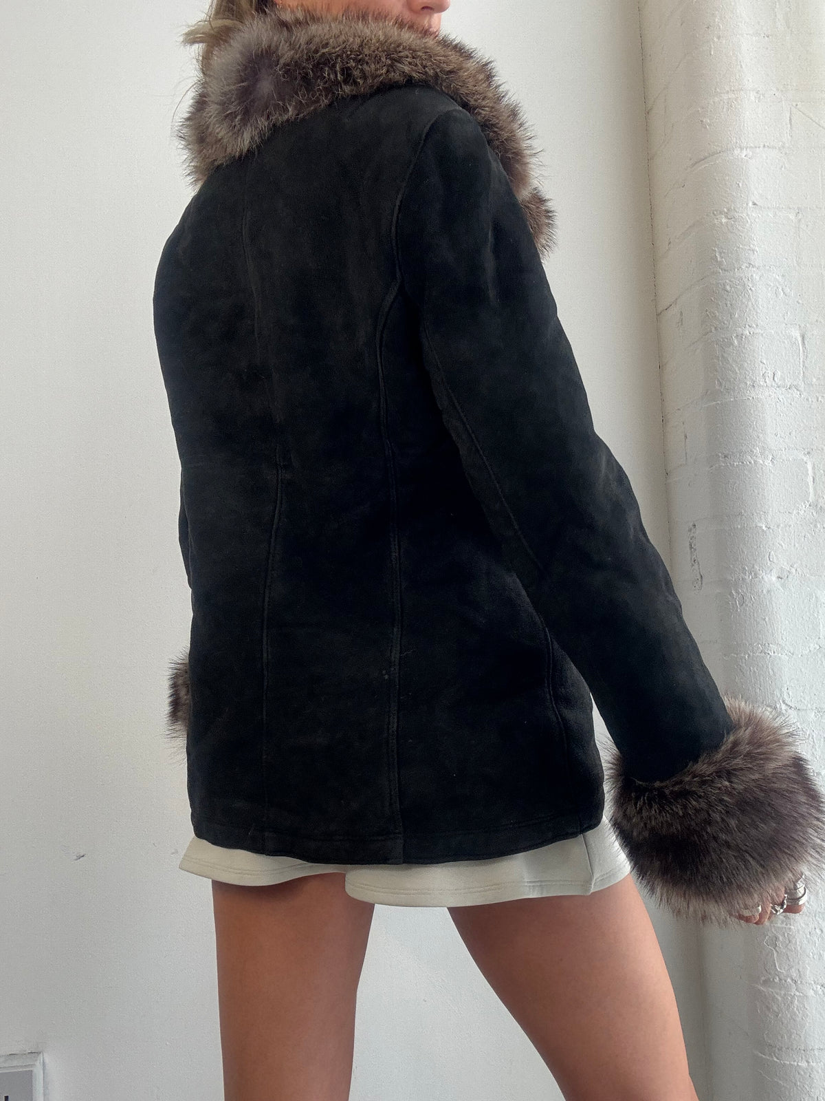 Vintage 90's Black Suede Fur Trim Afghan Jacket - Size S/M