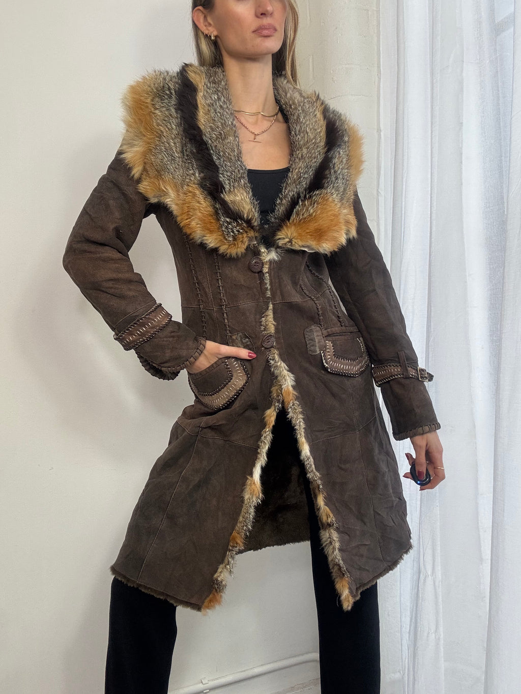 Vintage Y2K brown suede & fur trim coat