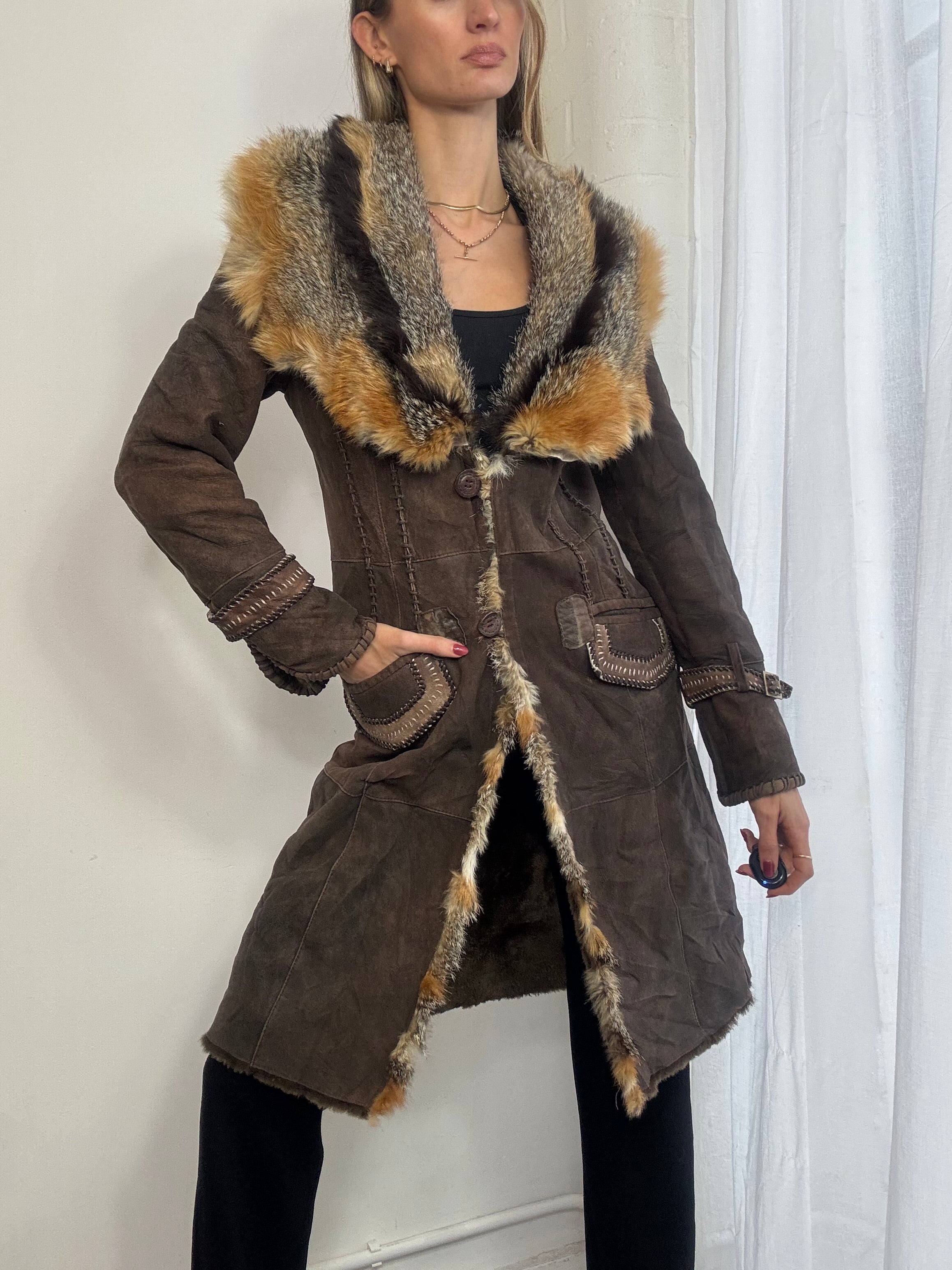 Vintage Y2K brown suede & fur trim coat