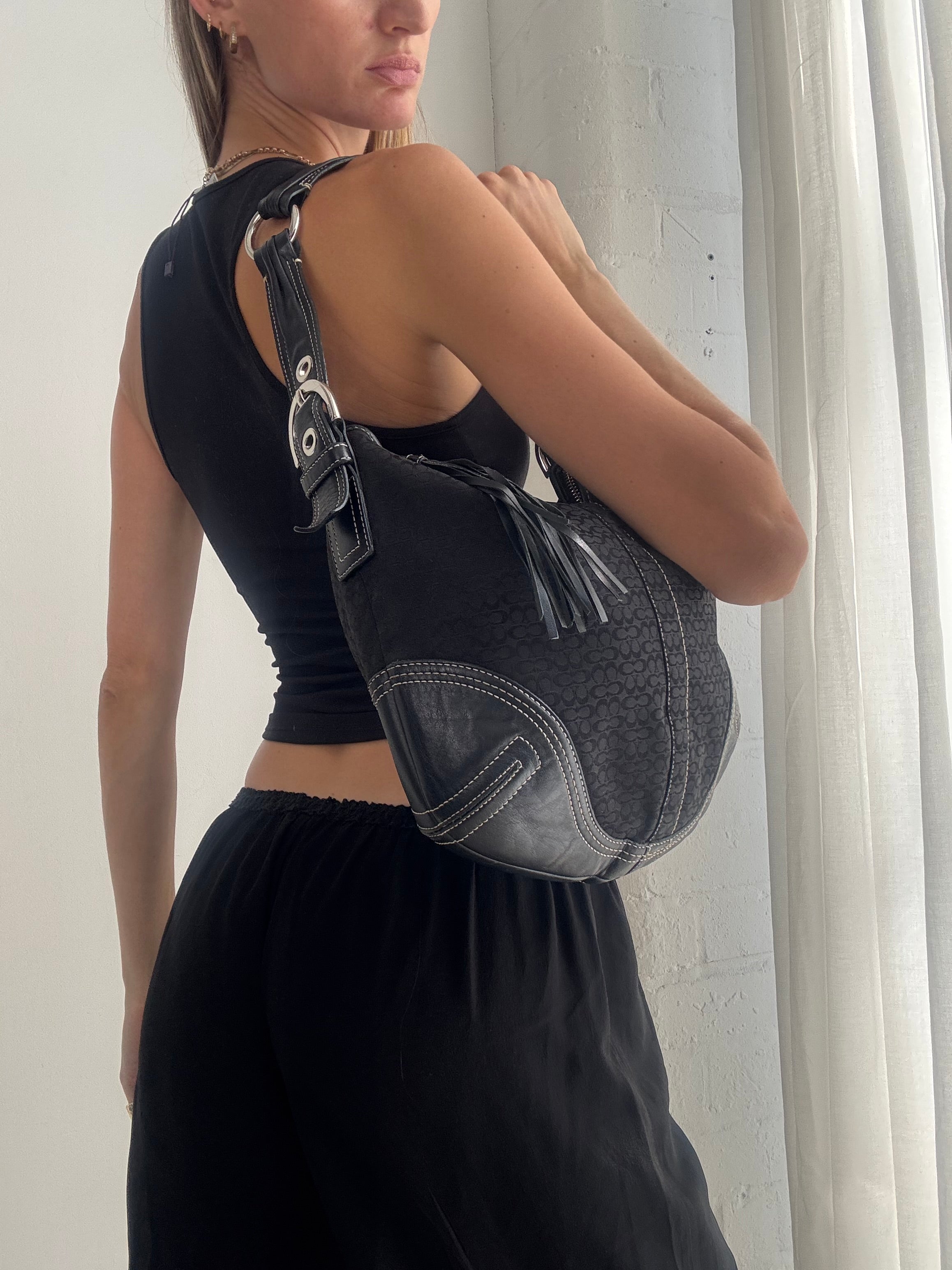 Vintage Y2K Coach Signature Hobo Bag – Black Monogram Canvas Tassel Shoulder Bag