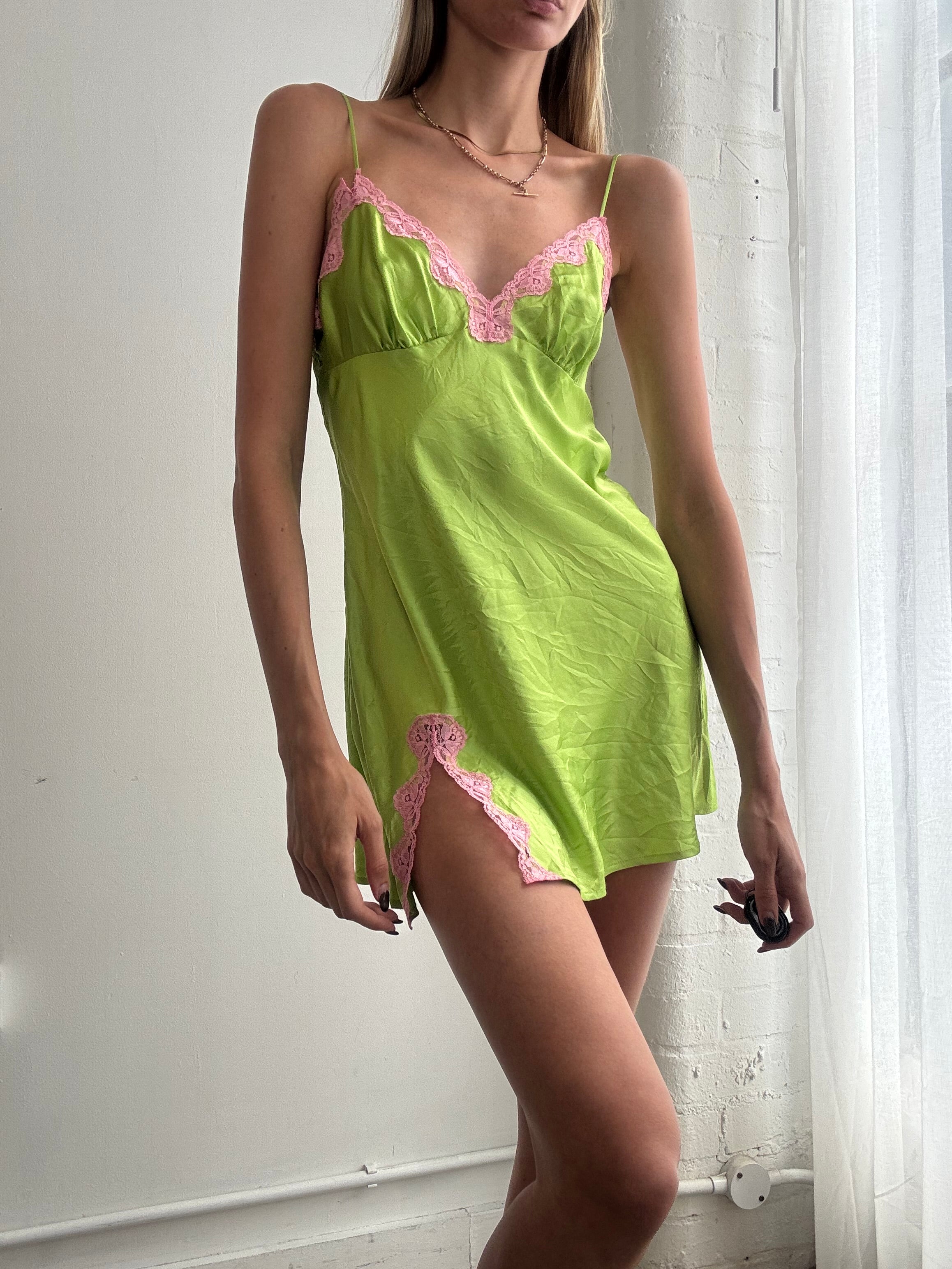 Vintage Y2K lime green & pink lace trim slip dress - Size S
