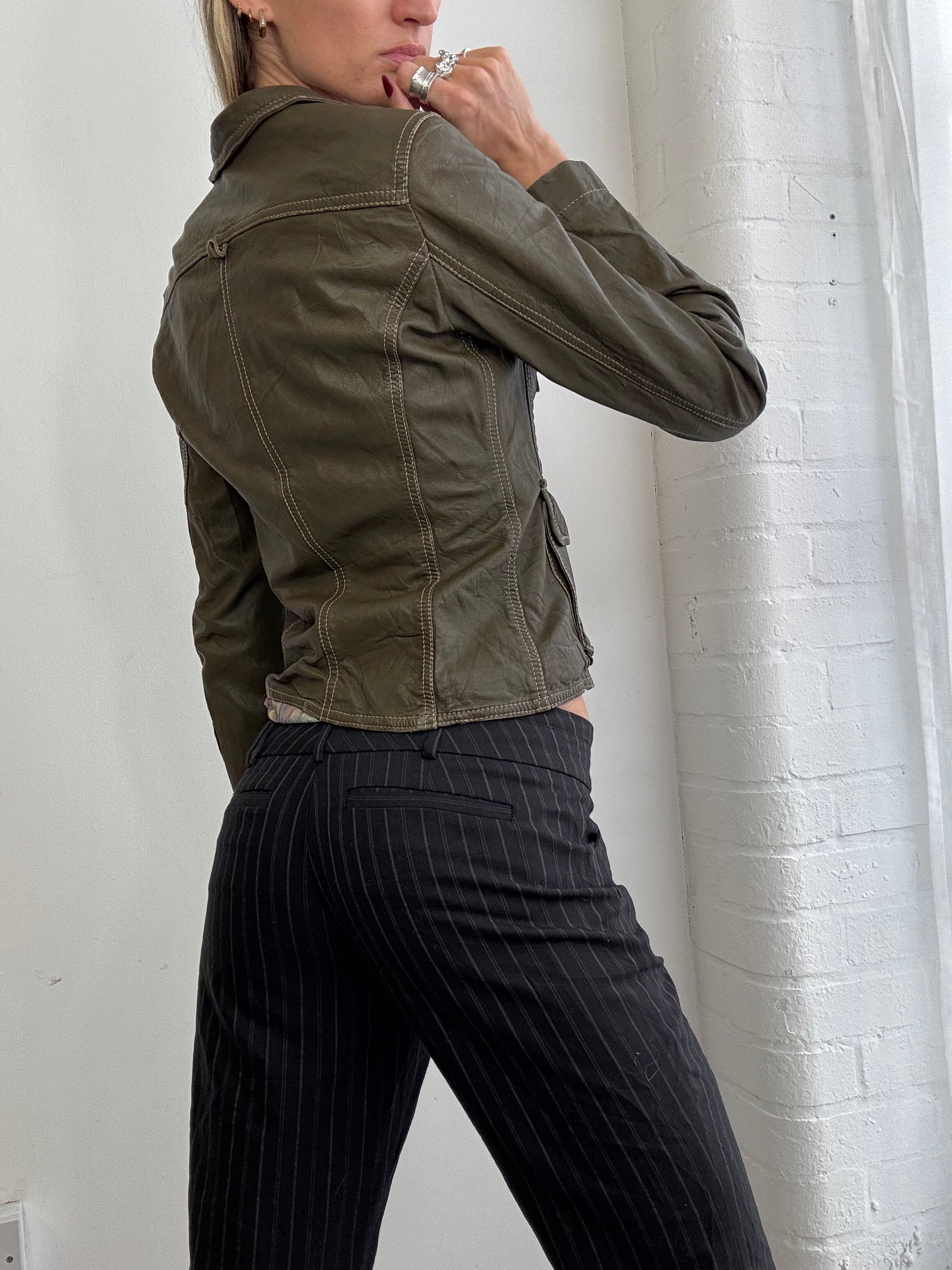 Vintage Y2K olive green leather blazer