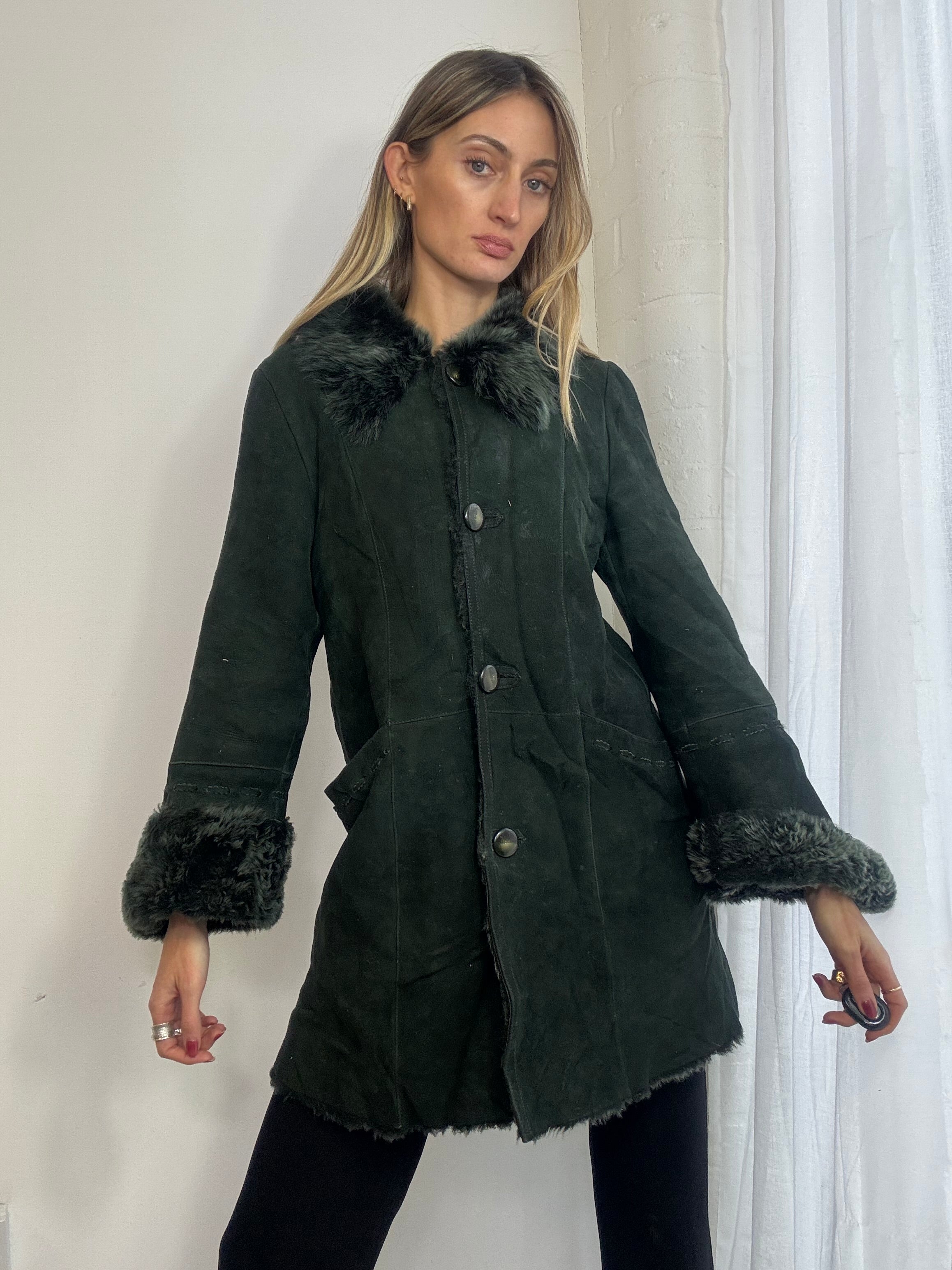Vintage 90s dark green sheepskin suede coat