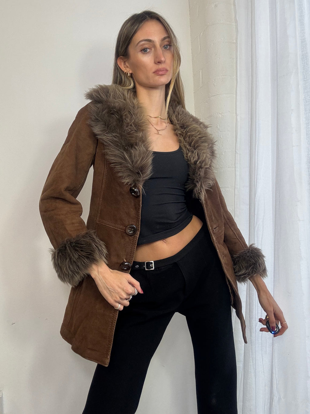 Vintage sheepskin suede coat brown