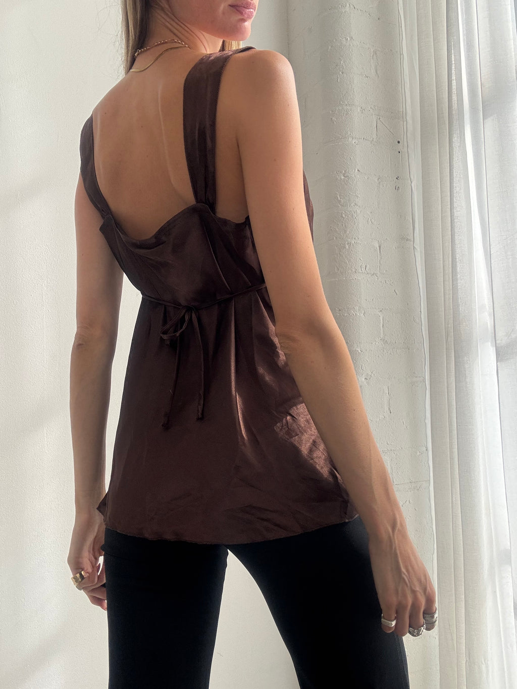 Vintage Y2K Chocolate Brown Satin Babydoll Cami Top - Size L