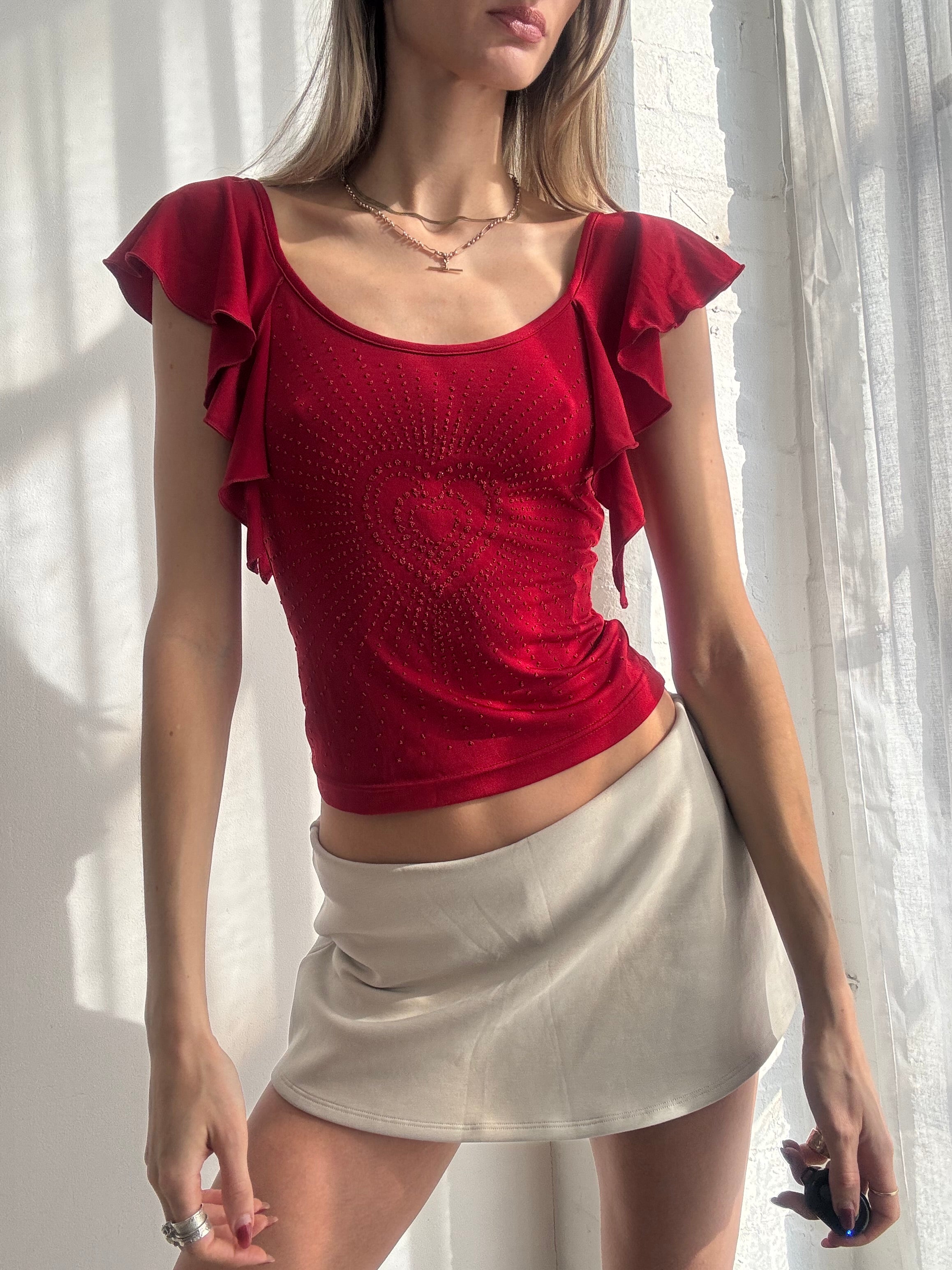 Vintage Y2K red ruffle sleeve fitted top