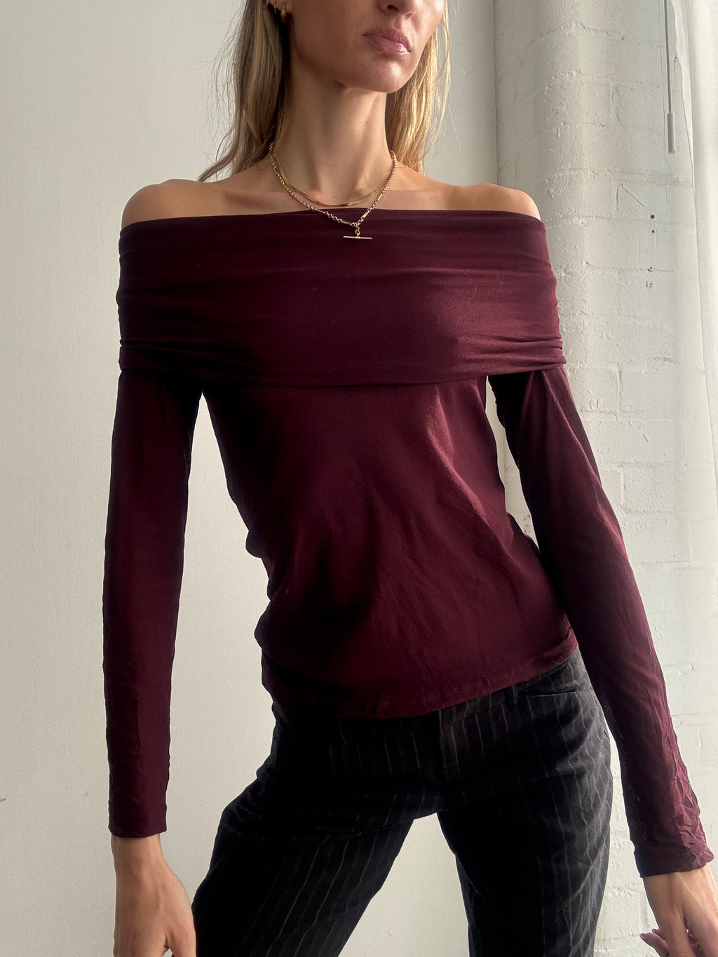 Vintage Y2K burgundy mesh off the shoulder long sleeve top
