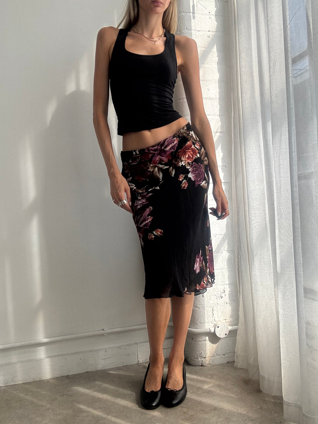 Vintage Y2K Black Floral Mesh Midi Skirt - Size M/L