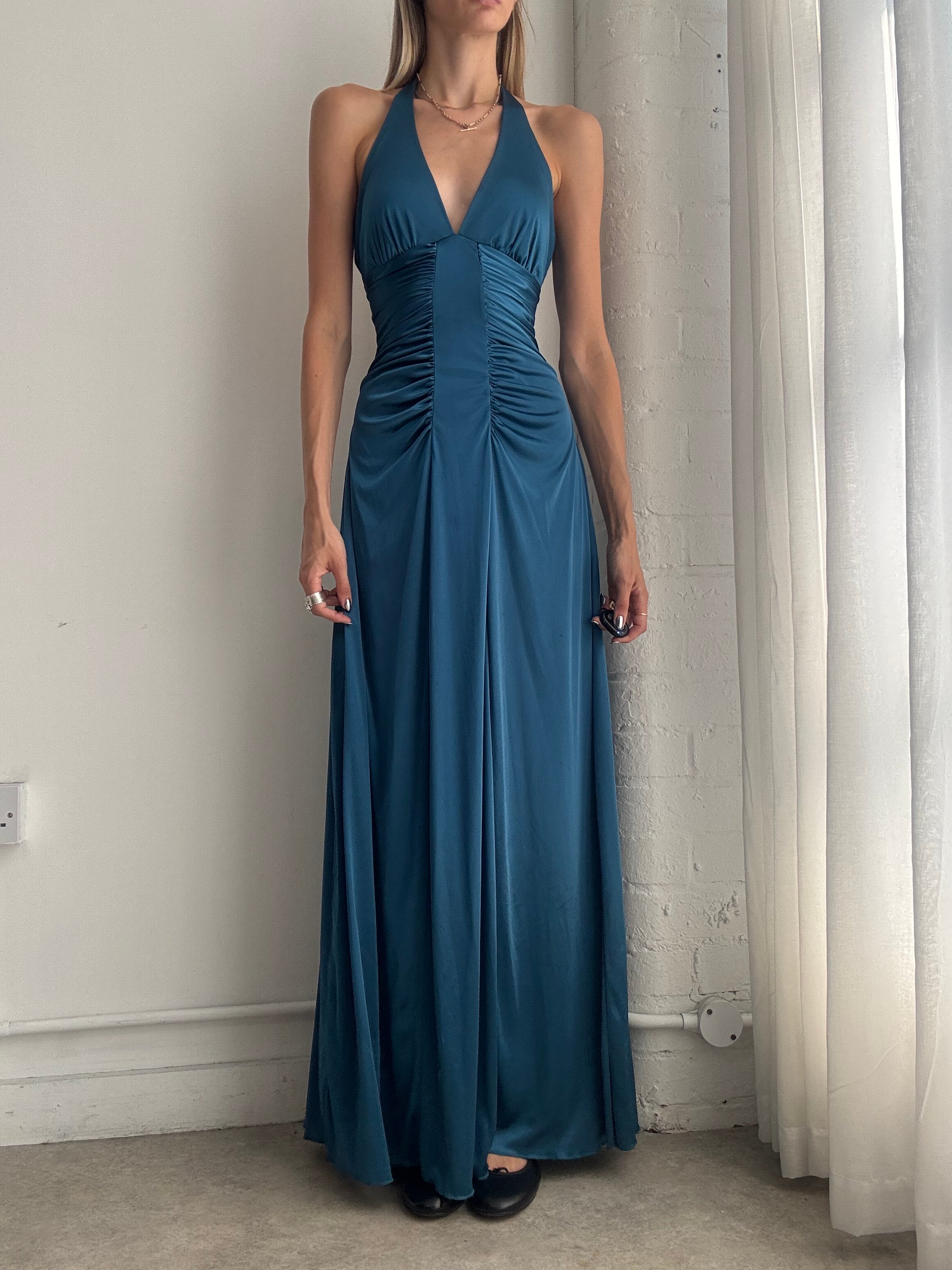 Vintage Y2K Teal Grecian Maxi Dress – Ruched Halterneck Evening Gown - Size S