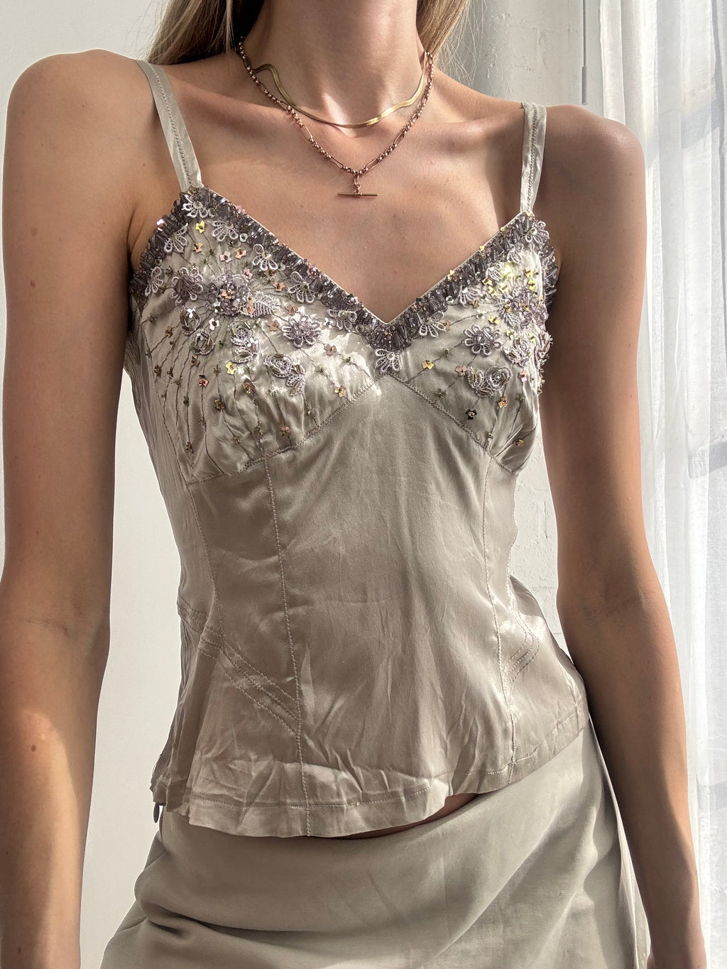 Vintage Y2K champagne satin embellished beaded cami top