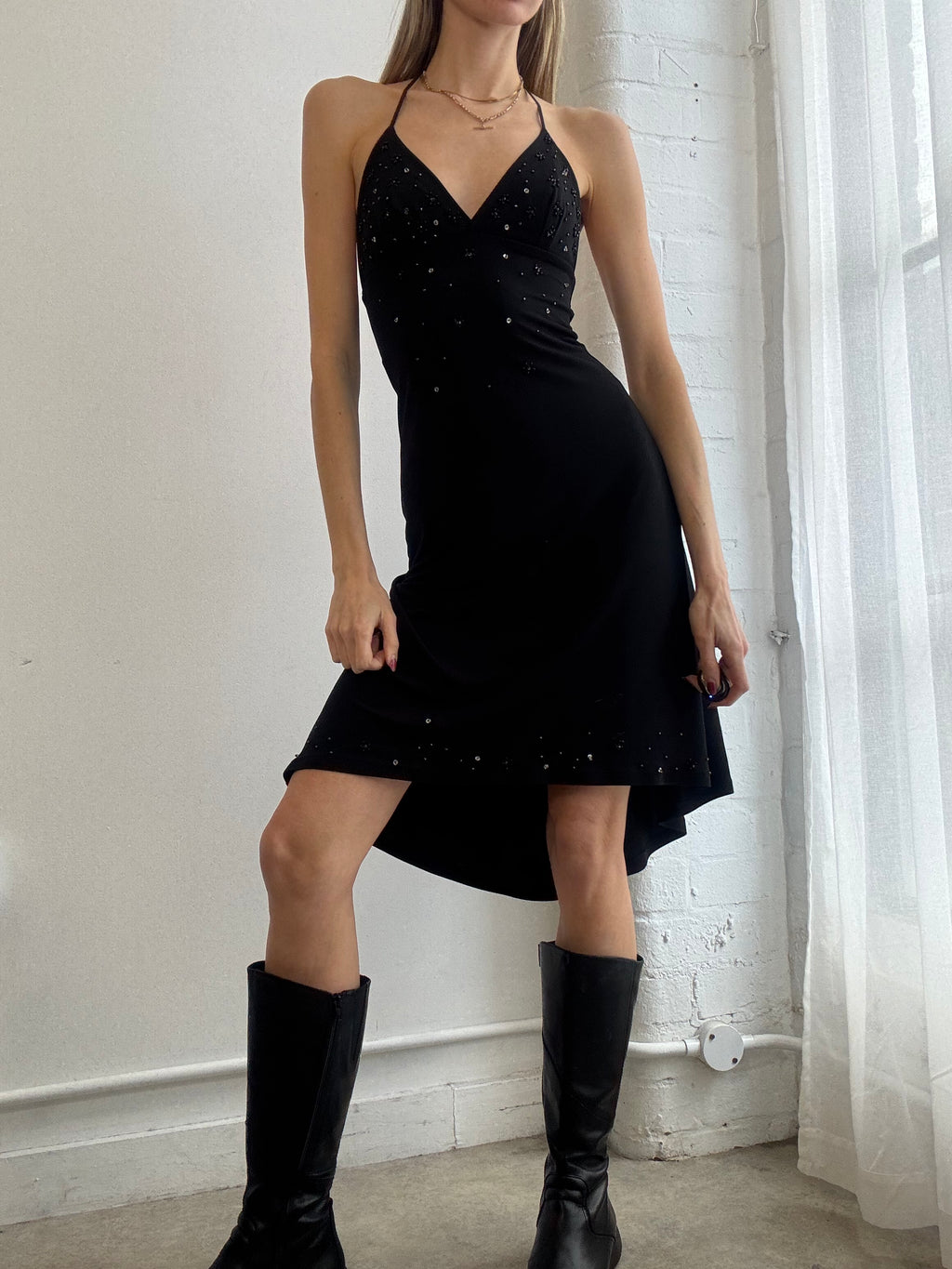 Vintage Y2K black beaded halter mini dress