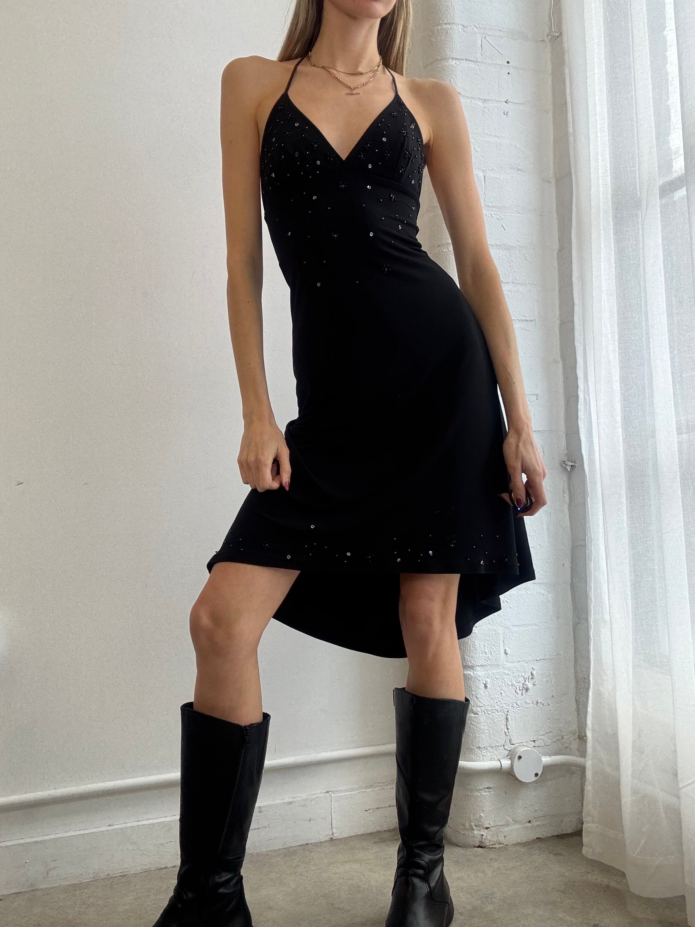 Vintage Y2K black beaded halter mini dress