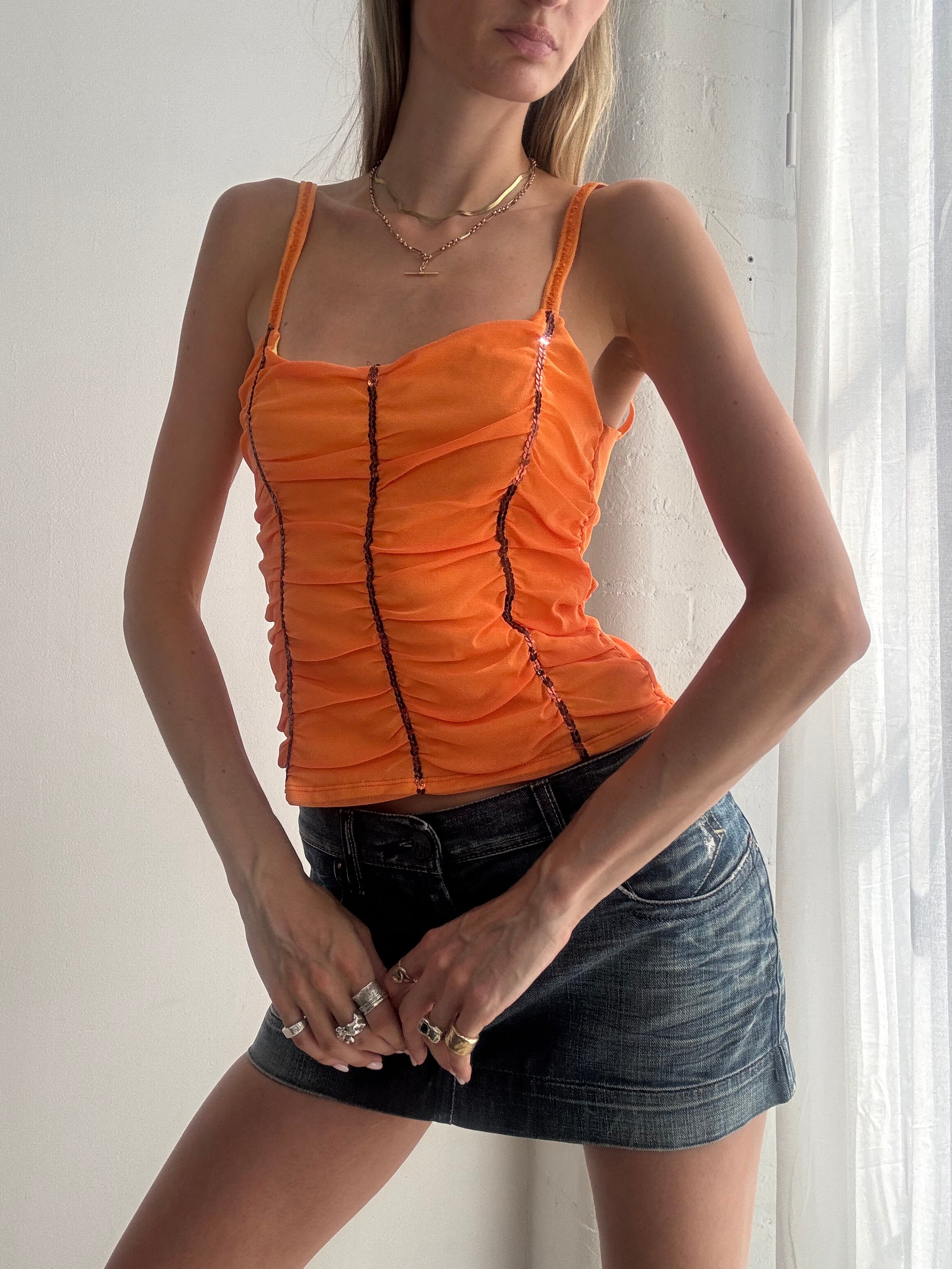 Vintage Y2K Orange Ruched Mesh & Sequin Cami Top - Size L