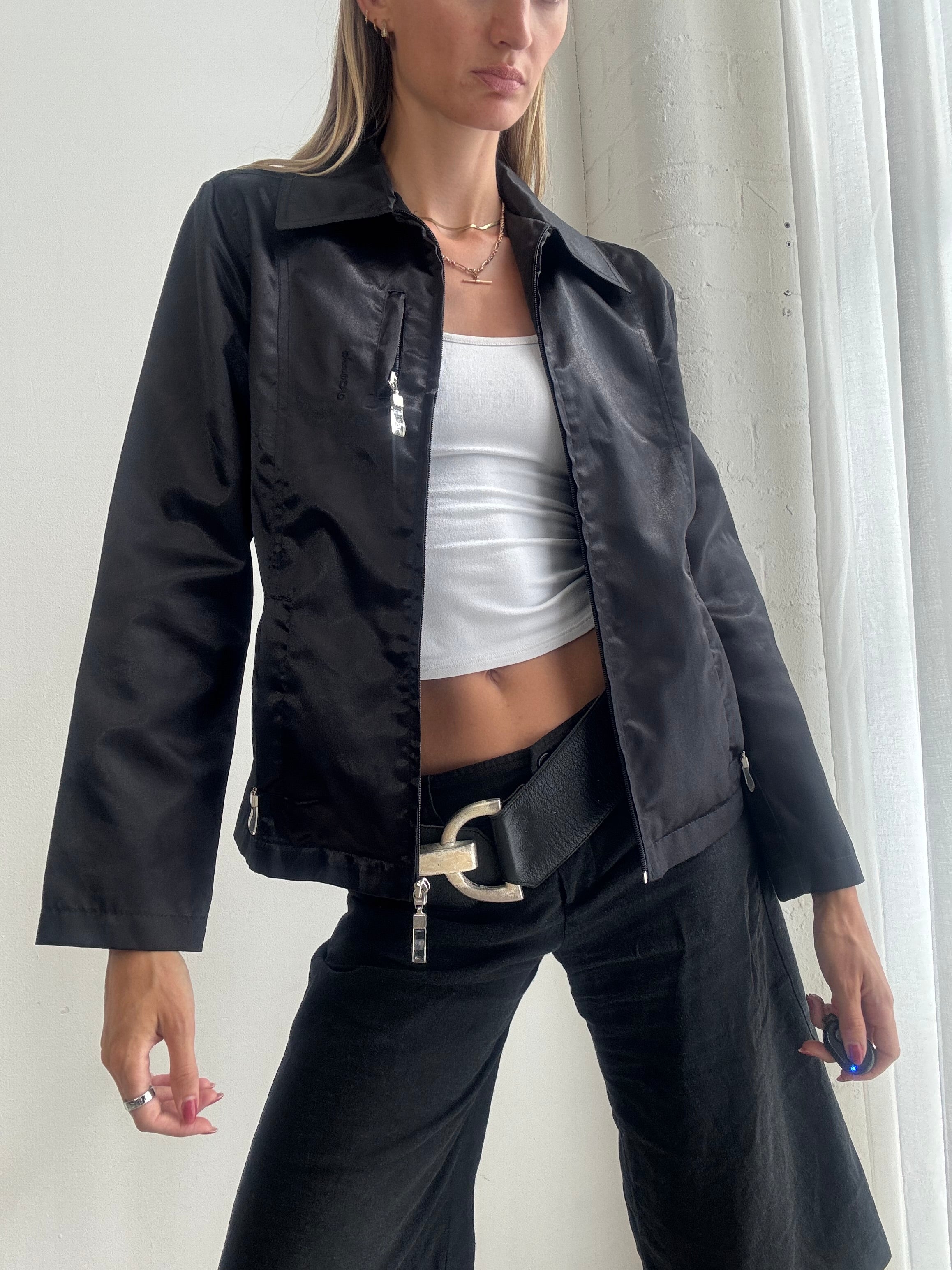 Vintage Y2K Black Satin Fitted Zip-Up Jacket - Size S