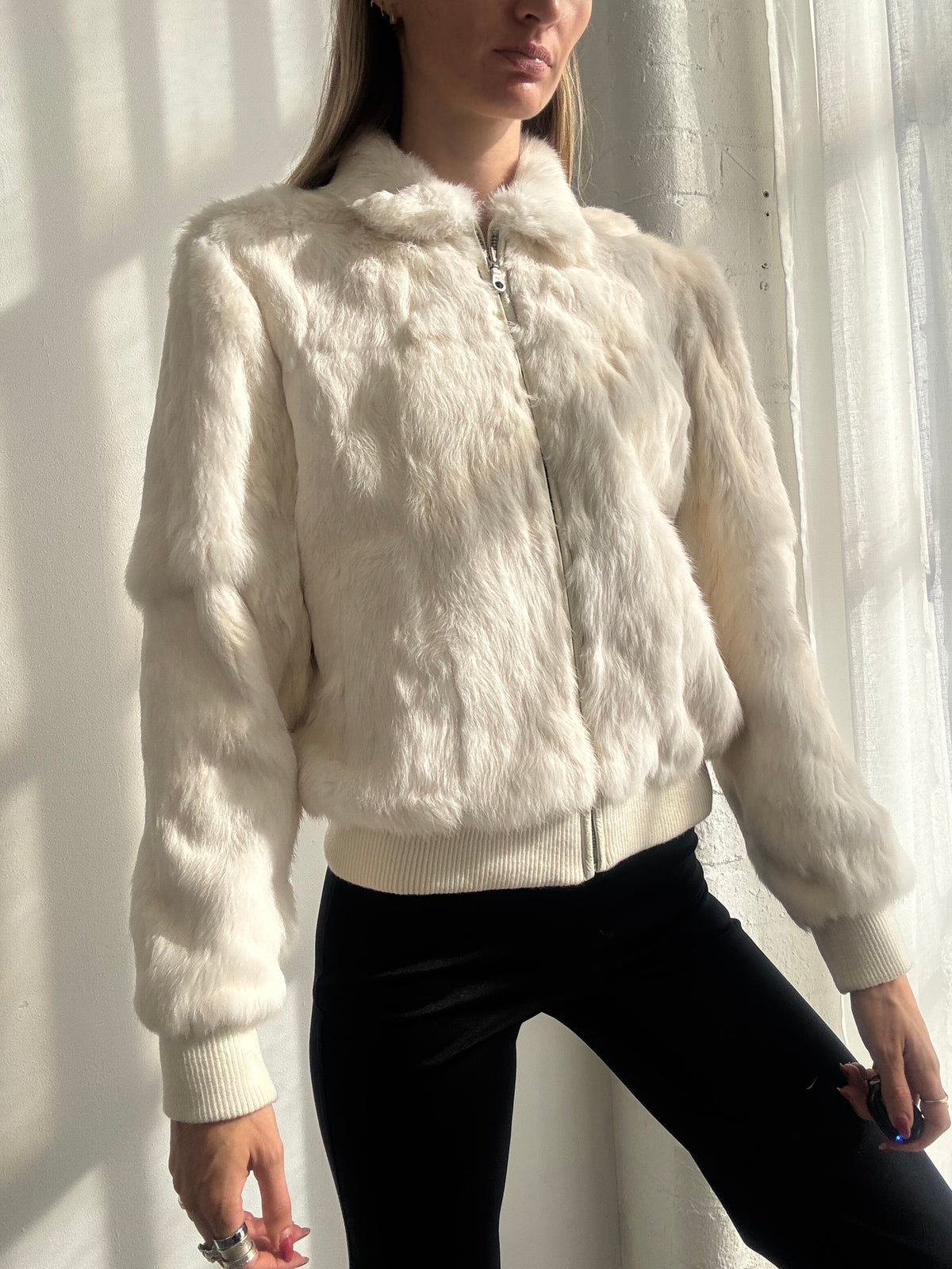 Vintage Y2K Cream Rabbit Fur Zip Up Bomber Jacket - Size S/M