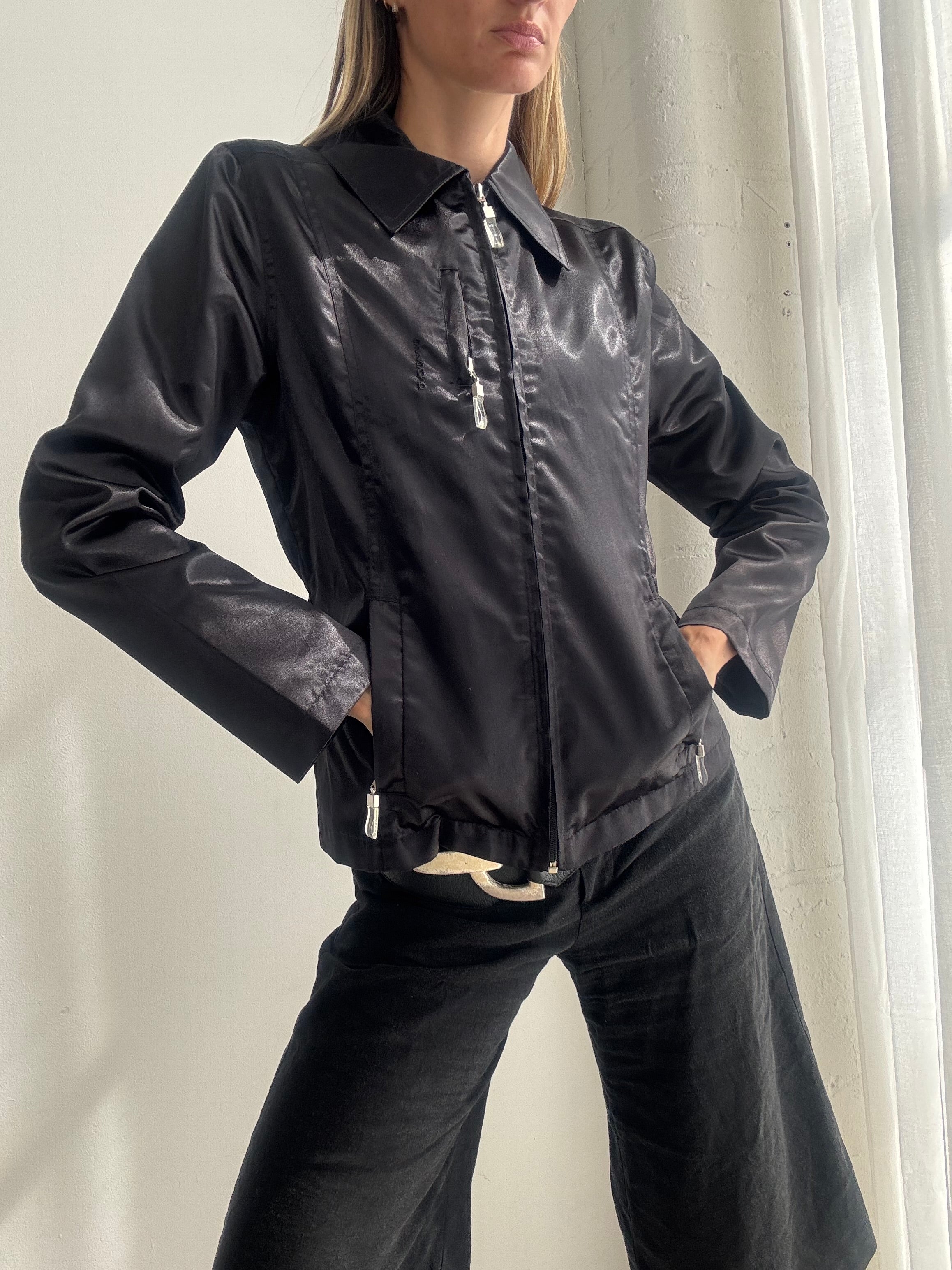 Vintage Y2K Black Satin Fitted Zip-Up Jacket - Size S