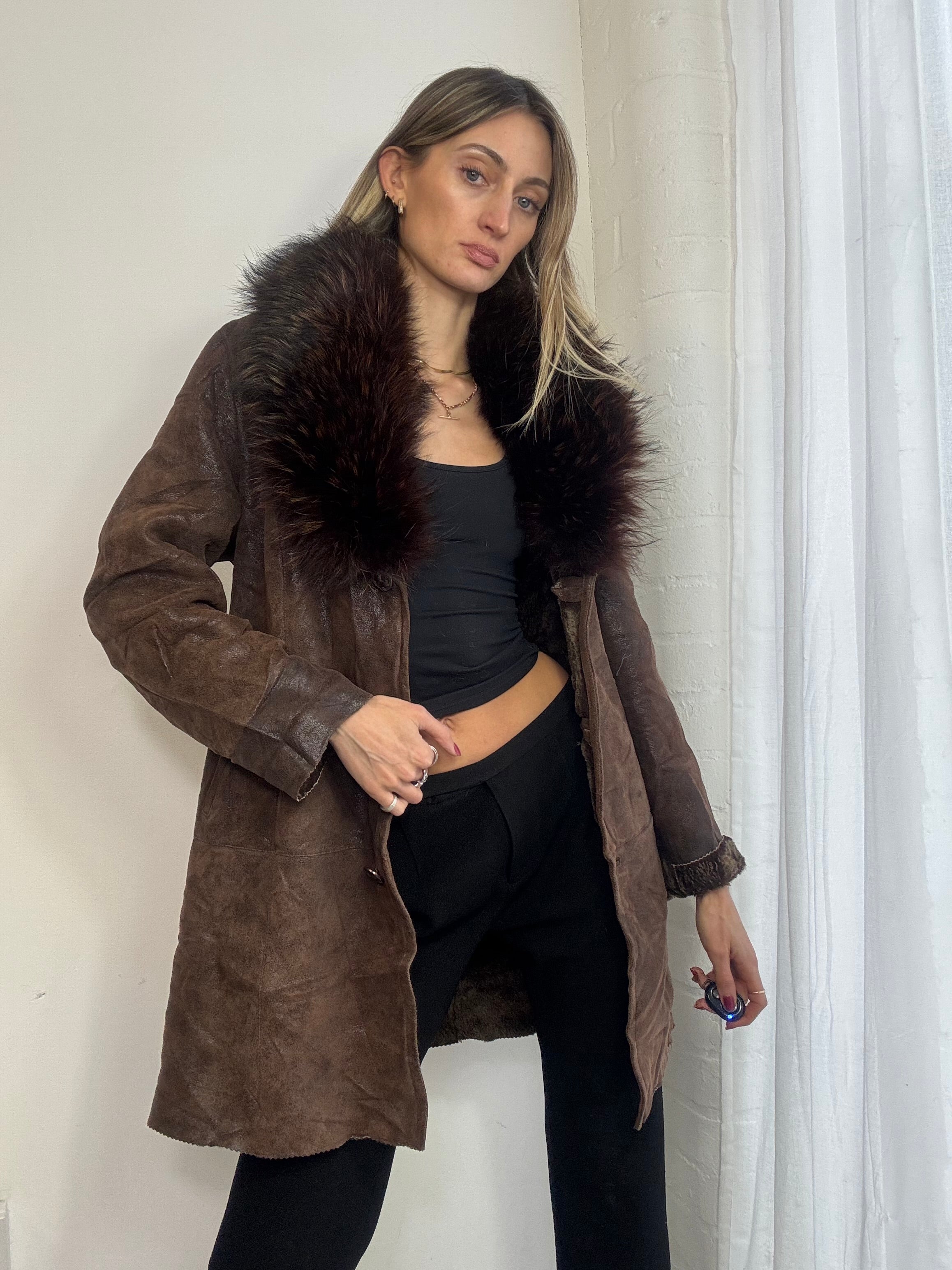 Vintage 90s brown leather & fur trim afghan coat