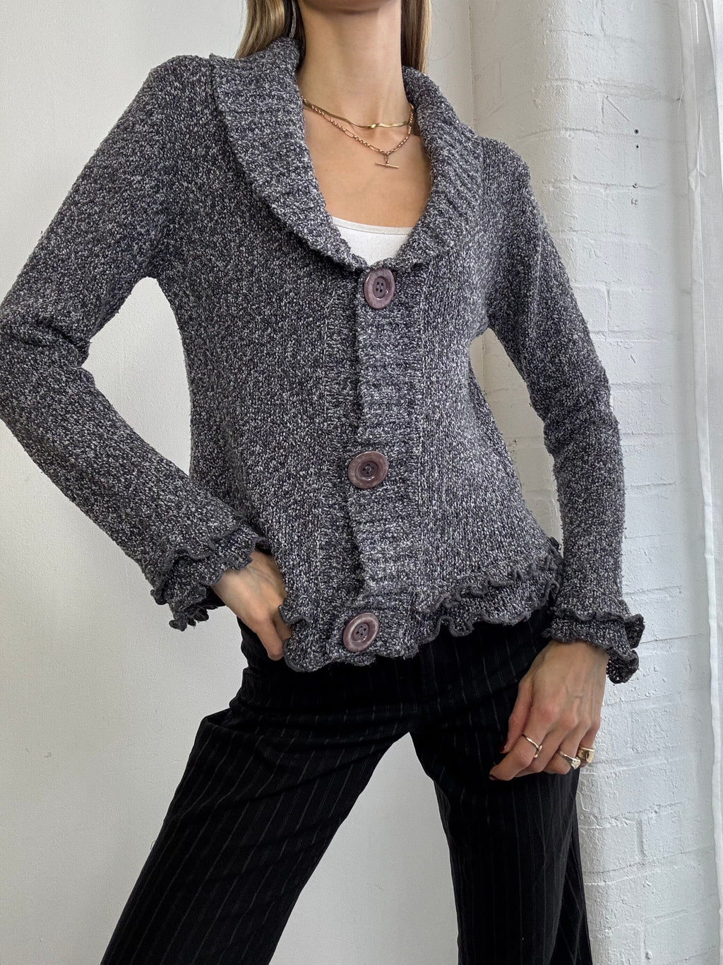 Vintage Y2K grey knitted ruffle cardigan