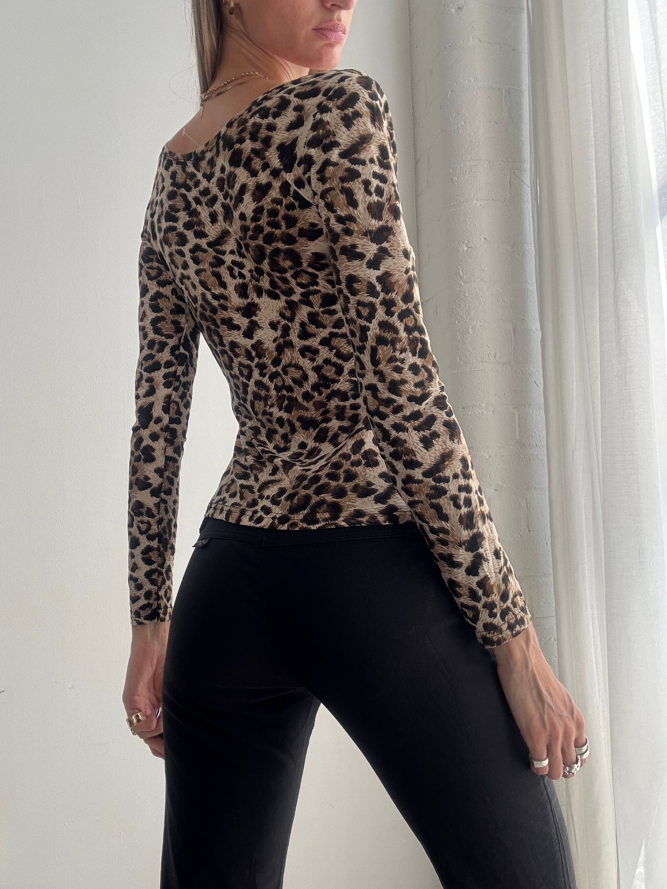 Vintage Y2K Leopard Print Long Sleeve Top – Size XS