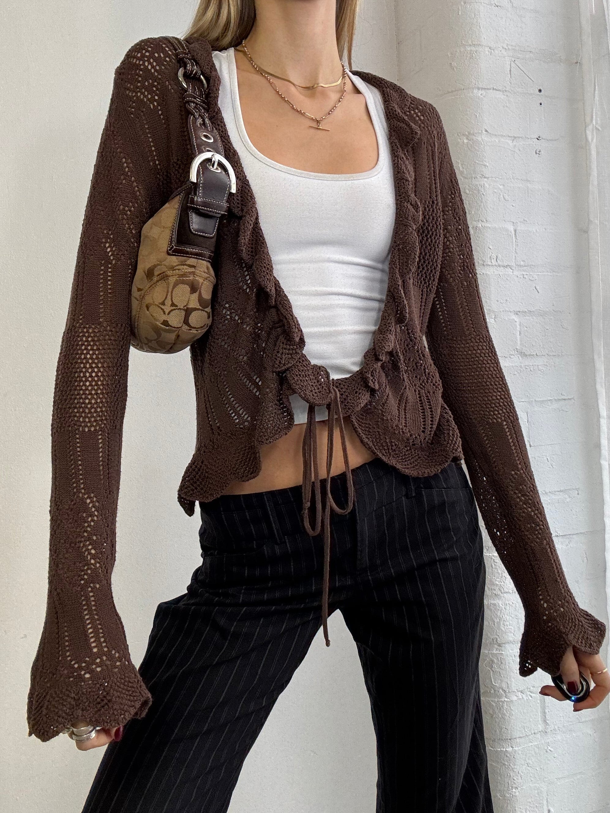 Vintage Y2K ruffle tie front cardigan brown