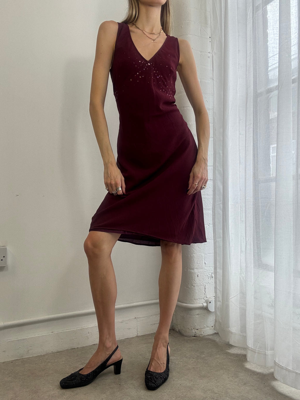 Vintage Y2k Burgundy Mesh Midi Dress Sequins