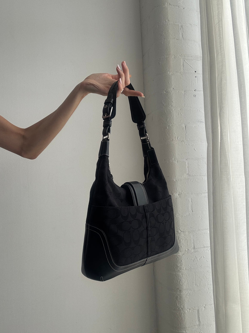 Vintage Y2K Coach Signature Shoulder Bag – Black Monogram Canvas Buckle Hobo Bag