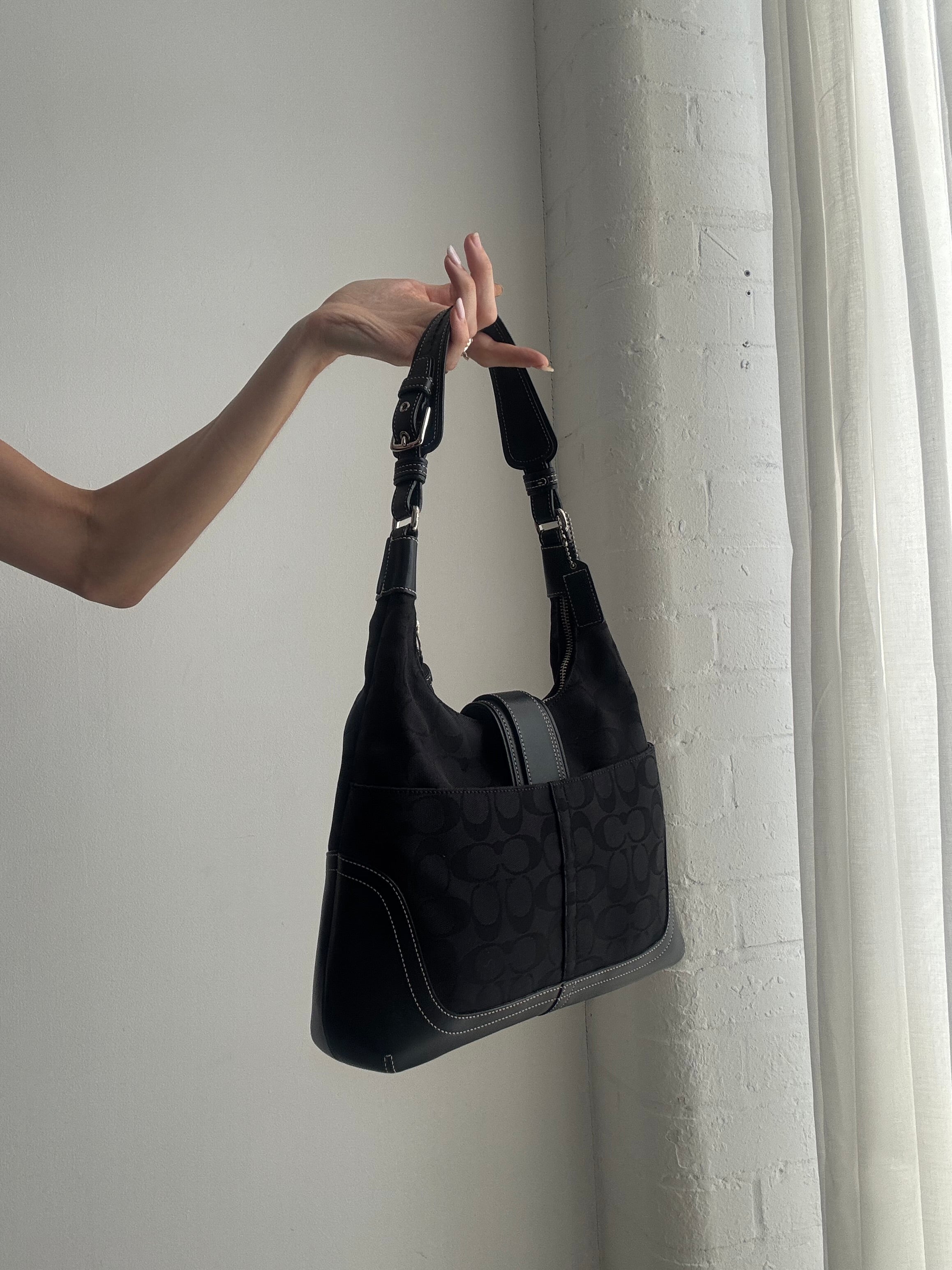 Vintage Y2K Coach Signature Shoulder Bag – Black Monogram Canvas Buckle Hobo Bag