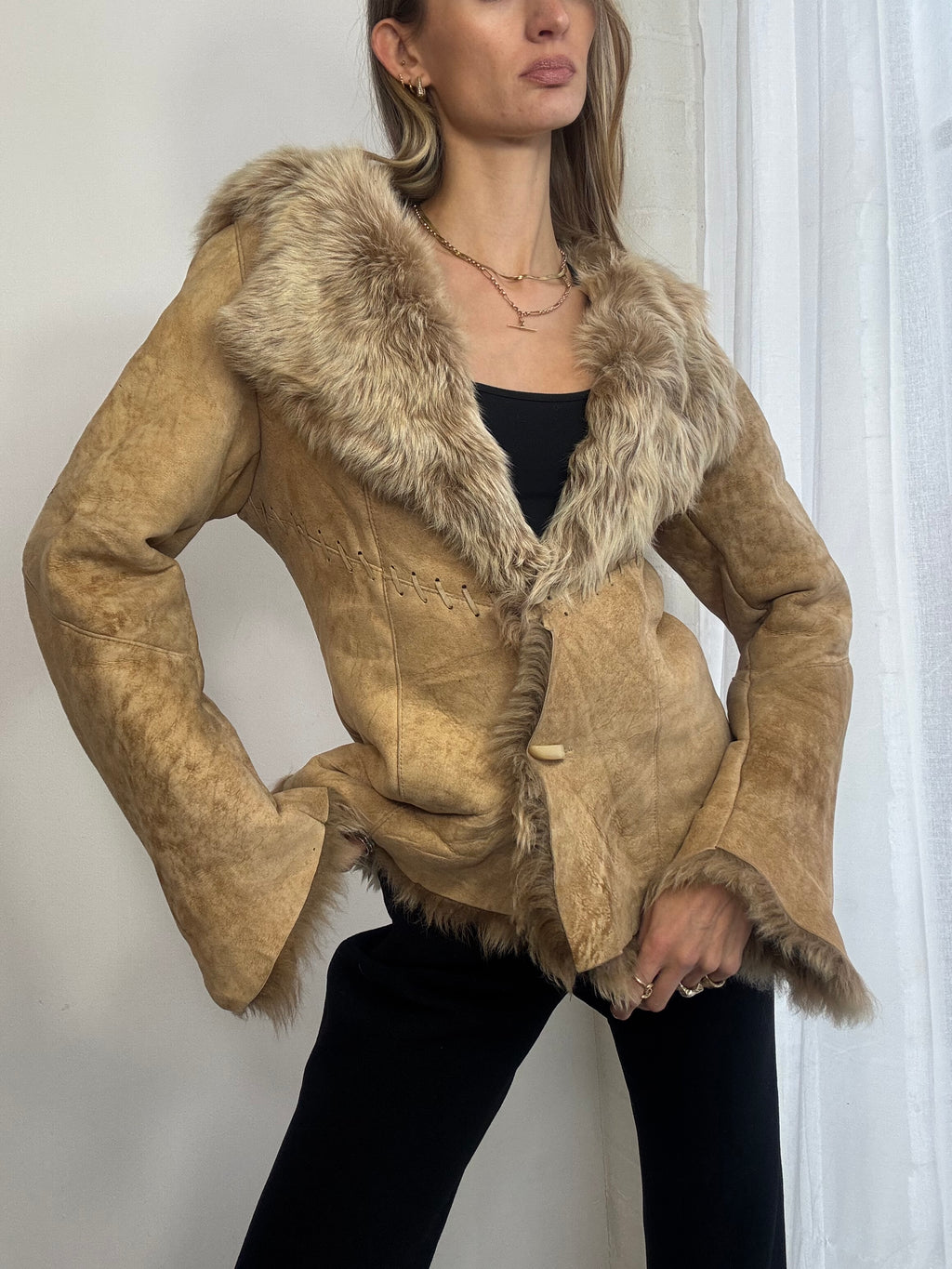 Vintage Y2K suede sheepskin hooded coat