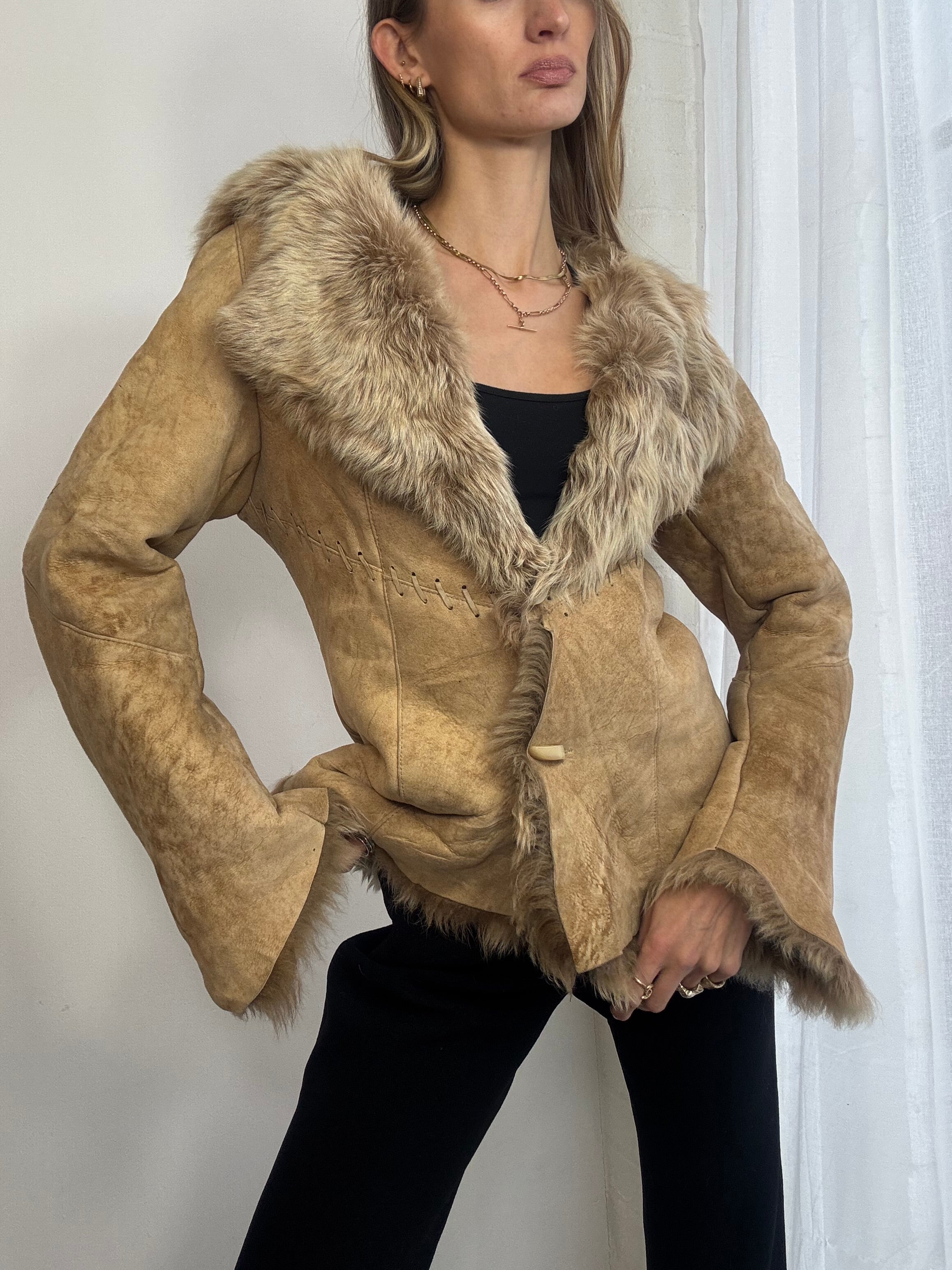 Vintage Y2K suede sheepskin hooded coat
