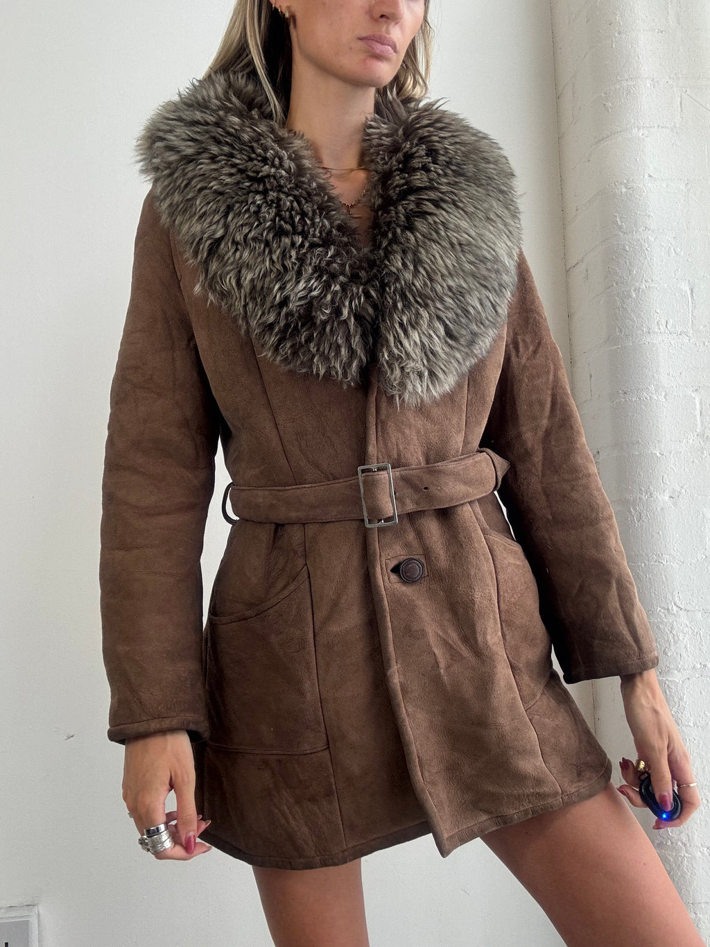 Vintage Y2K Brown Suede Sheepskin Belted Fur Collar Coat - Size M