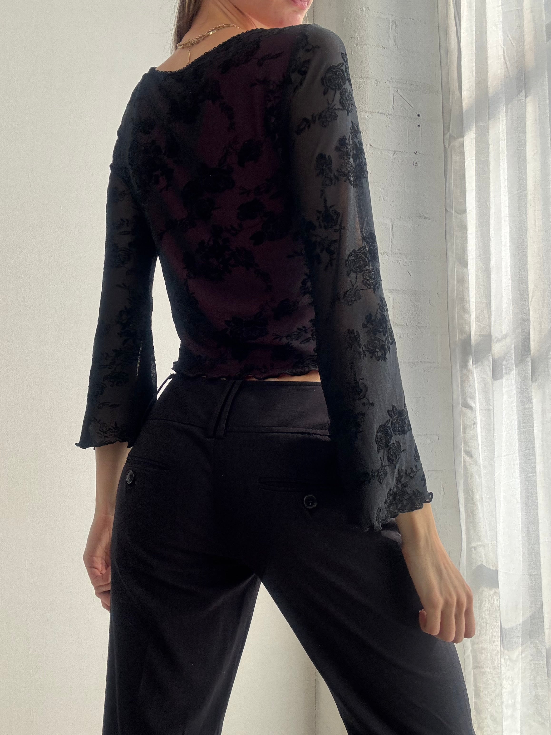 Vintage Y2K black floral mesh flare sleeve top