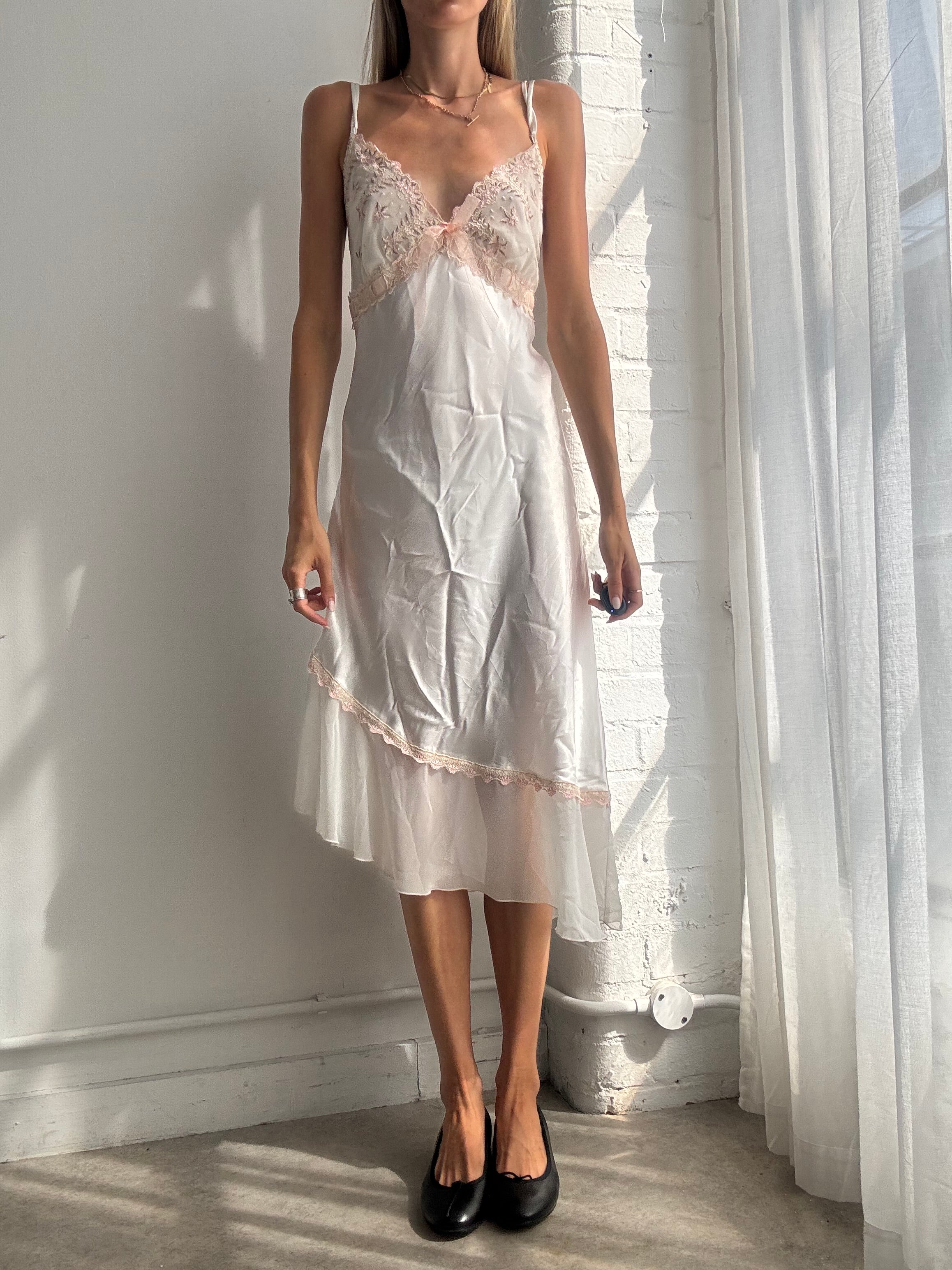 Vintage Y2K Ivory Satin Lace Trim Asymmetric Slip Midi Dress - Size M