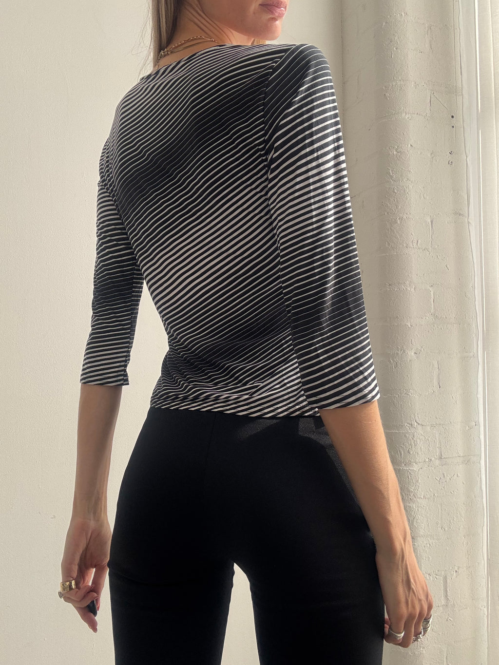 Vintage Y2K Black & White Striped Wrap Top - Size L
