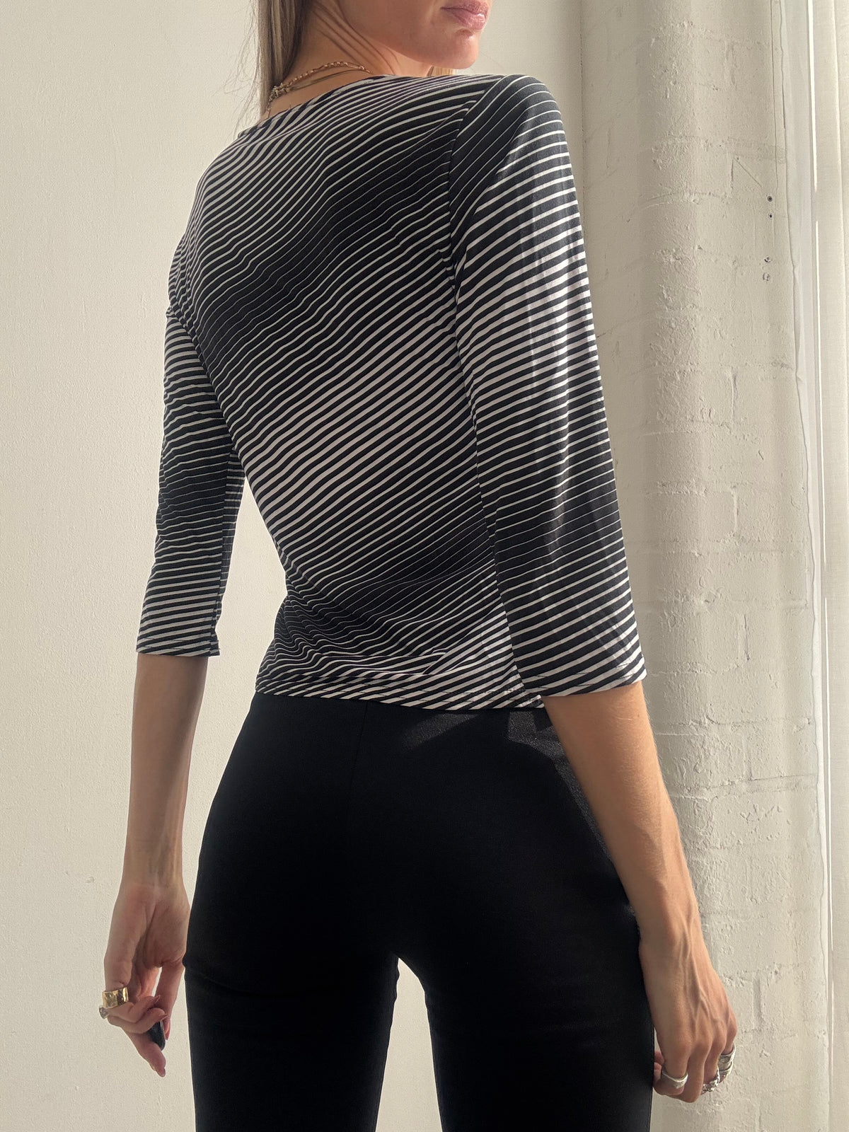 Vintage Y2K Black & White Striped Wrap Top - Size L