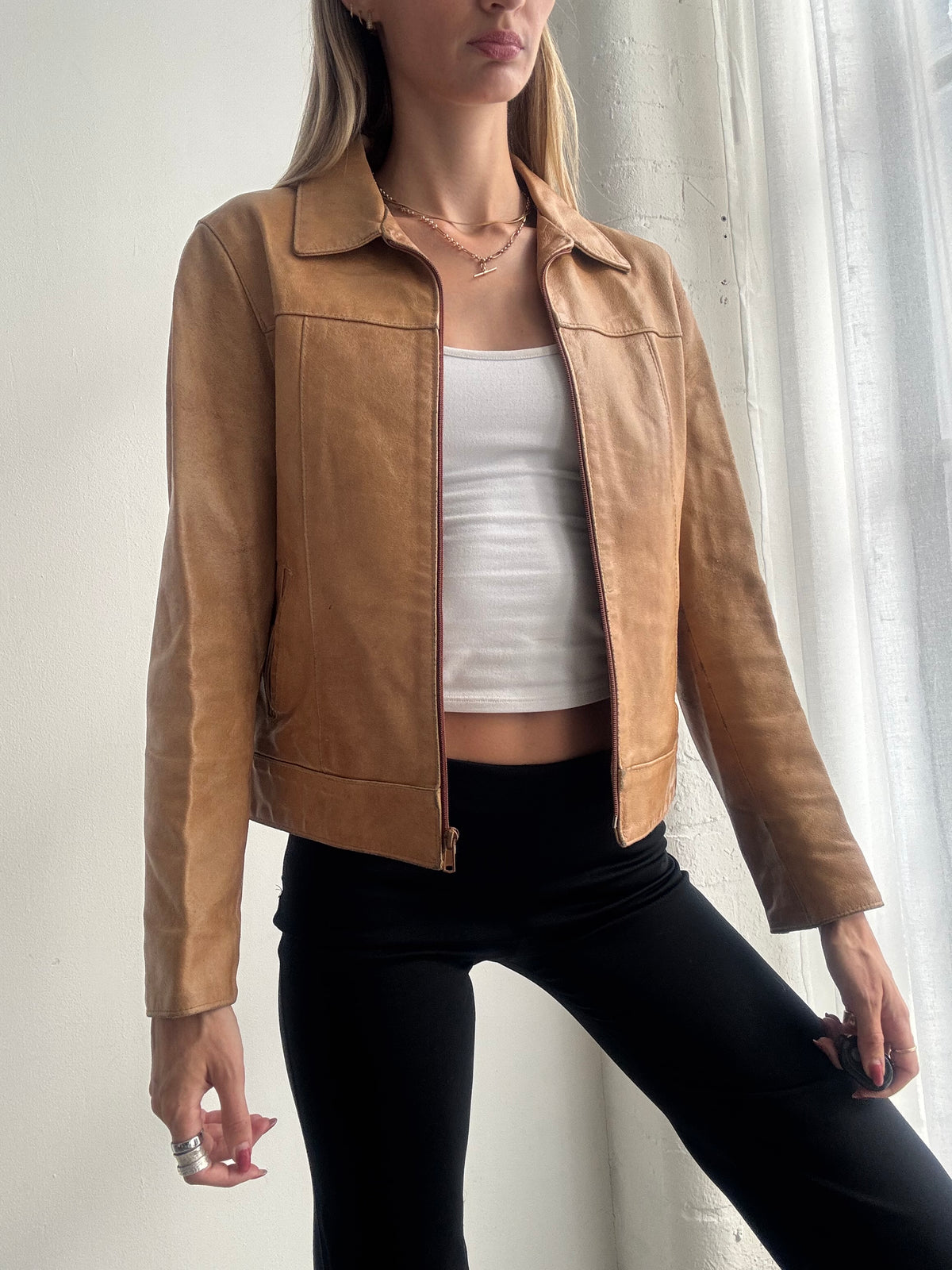 Vintage Y2K Tan Brown Leather Zip Up Jacket - Size S