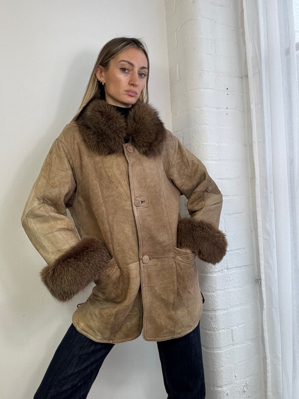 Vintage 90s sheepskin coat beige