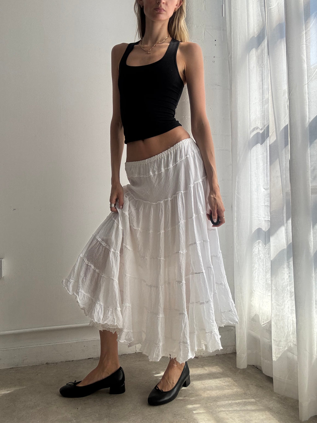 Vintage Y2k White Tiered Boho Midi Skirt Fairy Boho Sequin - Size S/M