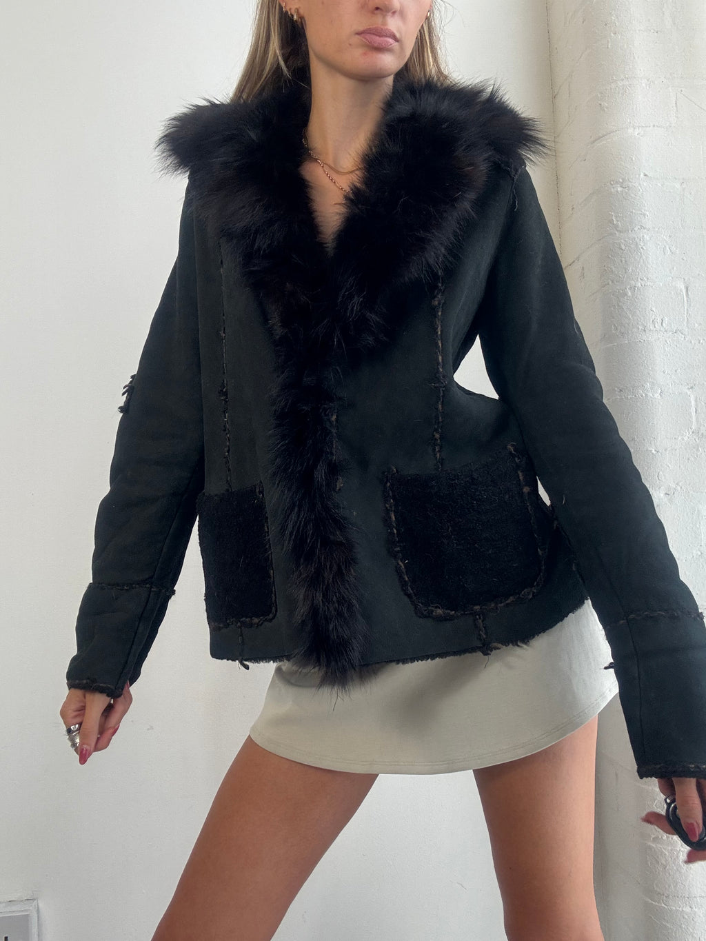 Vintage Y2K Black Real Fur Trim Afghan Jacket - Size S/M