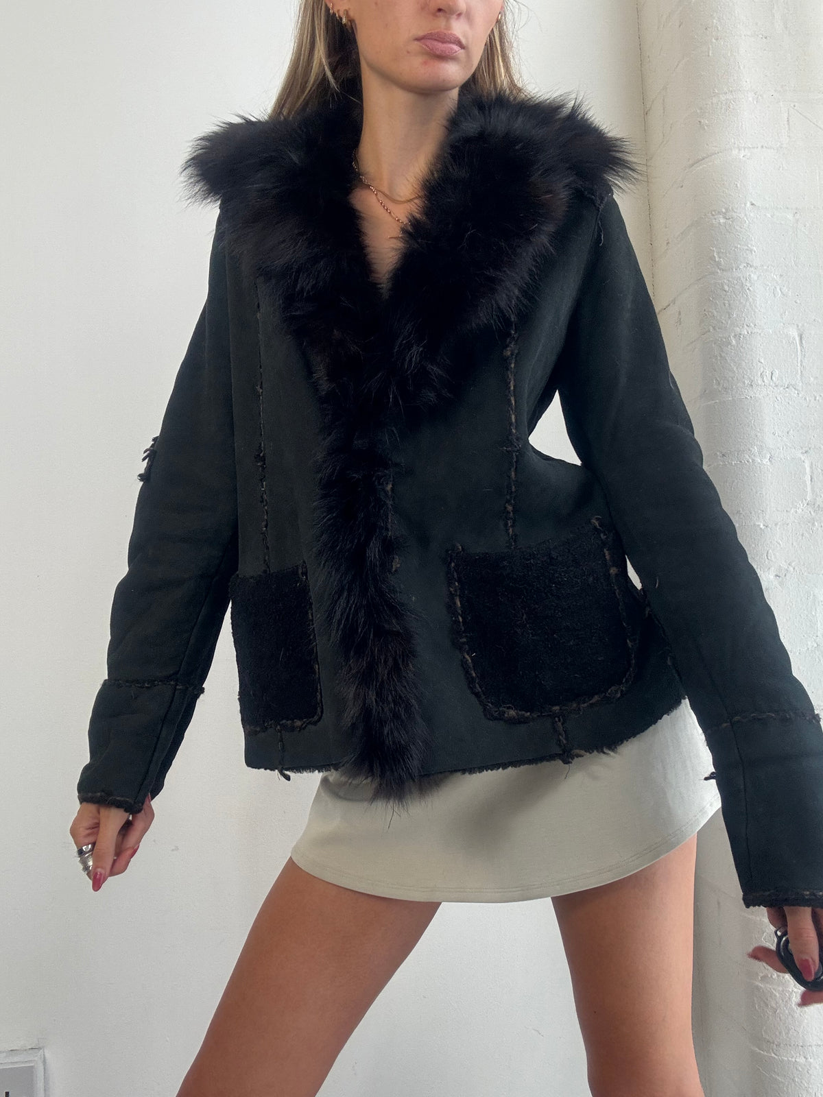 Vintage Y2K Black Real Fur Trim Afghan Jacket - Size S/M