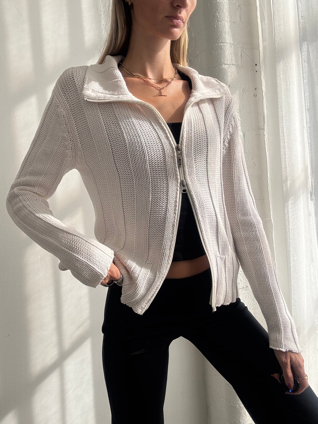 Vintage Y2K White Knit Dual Zip Up Cardigan - Size M