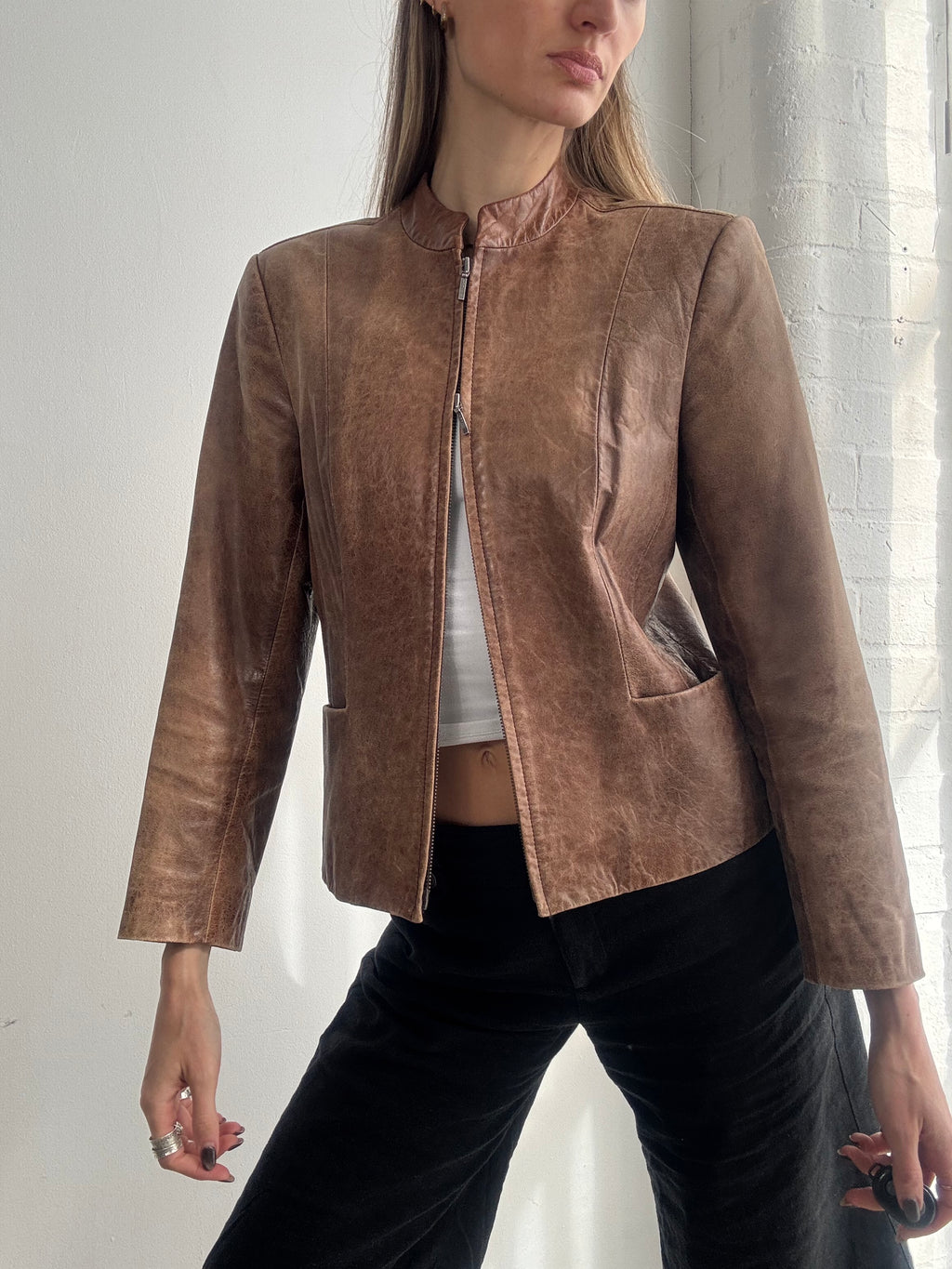 Vintage Y2K brown fitted dual zip leather jacket - Size S