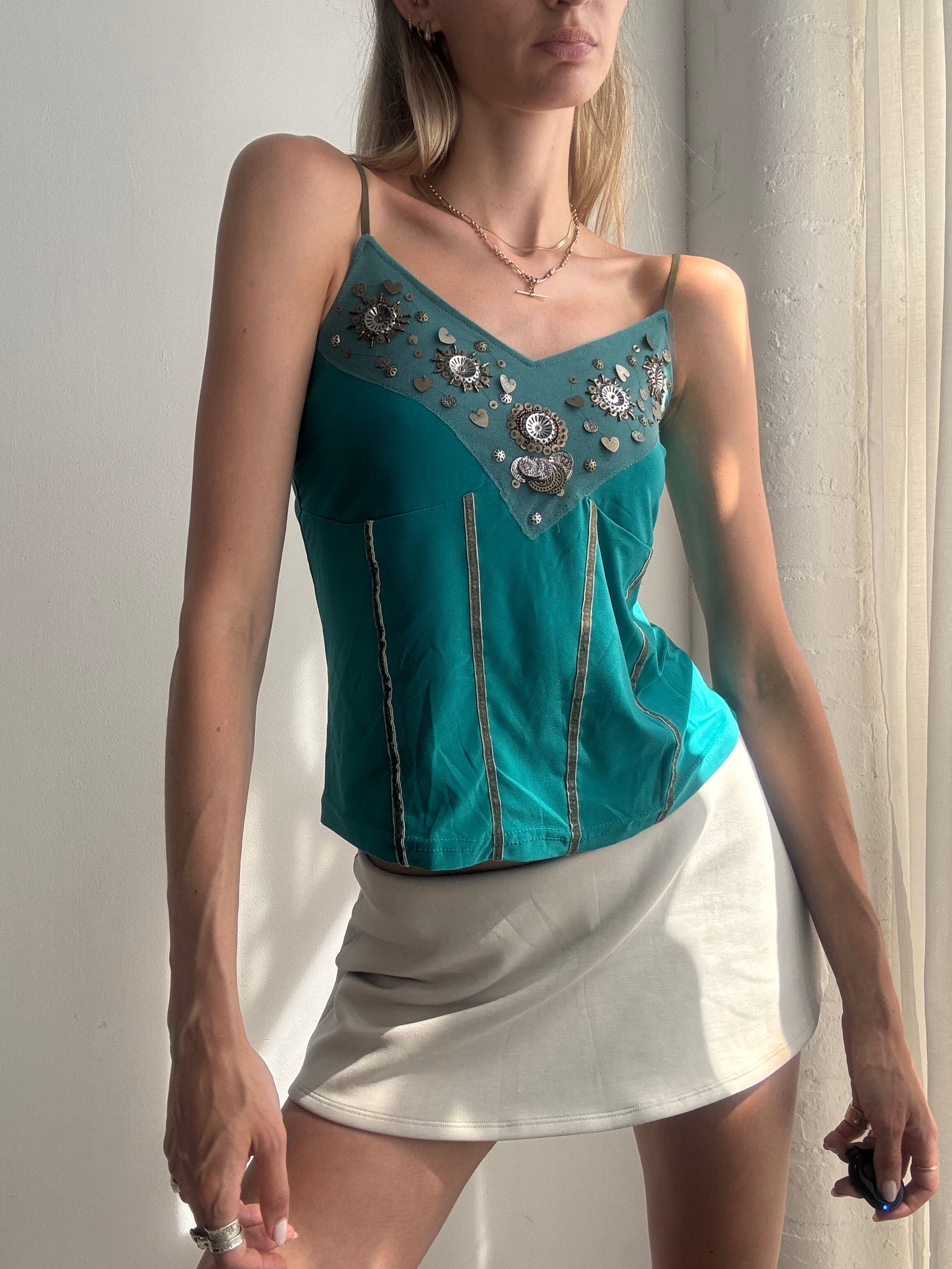 Vintage Y2K Turquoise Embellished Corset Cami Top - Size M