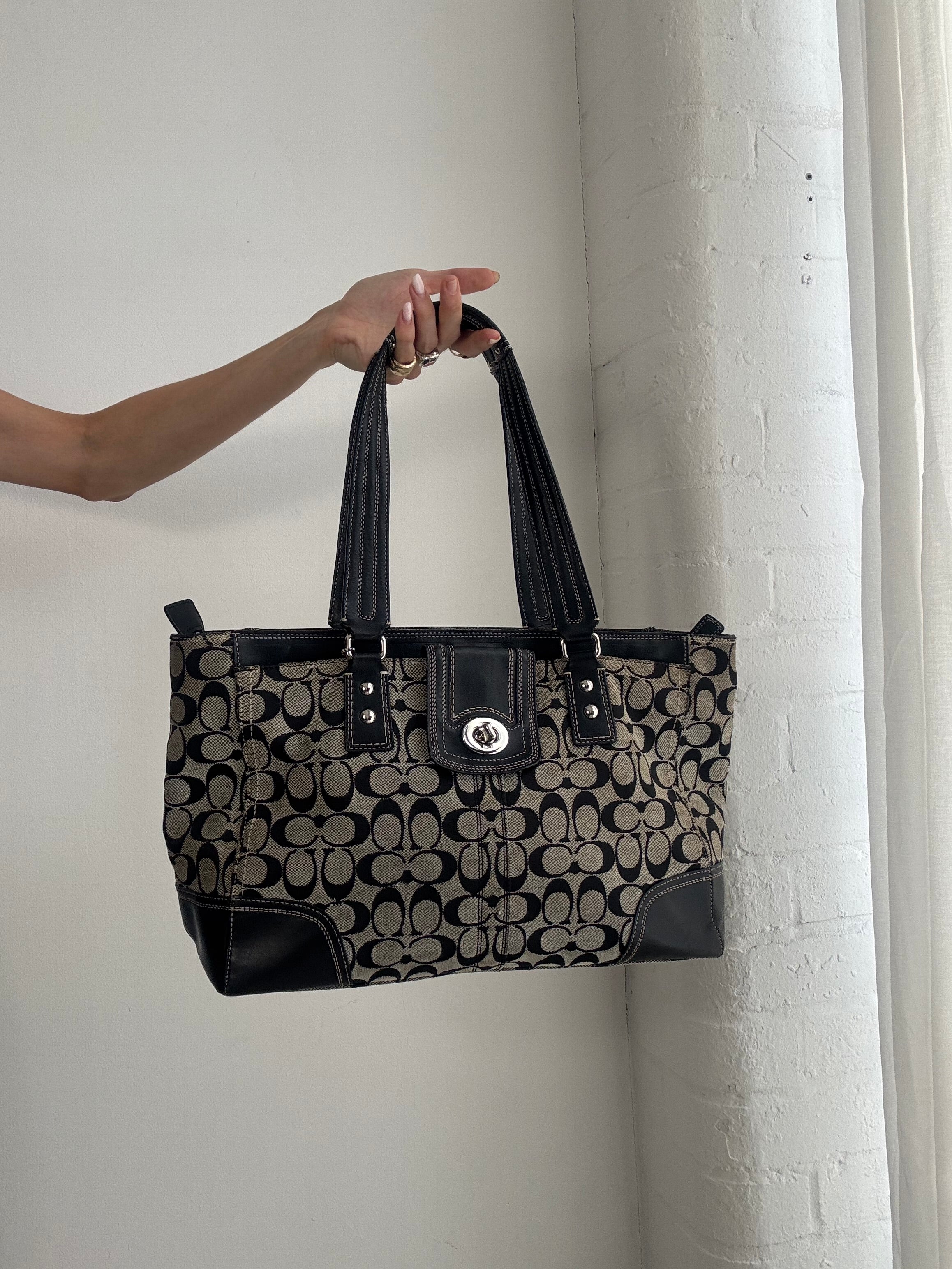 Vintage Y2K Coach Signature Tote Bag – Black Monogram Canvas & Leather Shopper